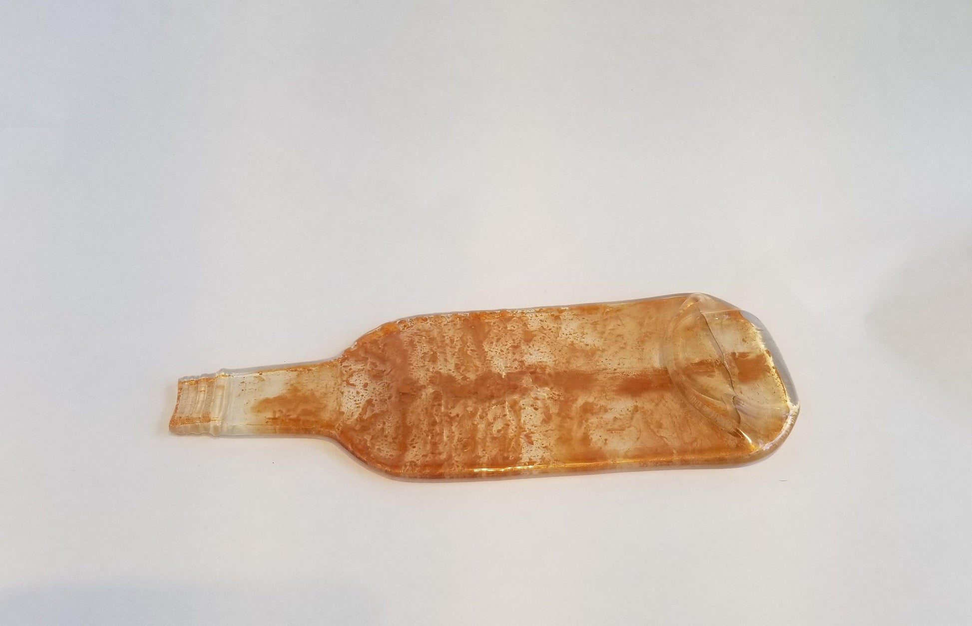 Melted Flat Wine Bottle with Mica Sparkes Cheeseplate, gold splatter from seeds glassworks