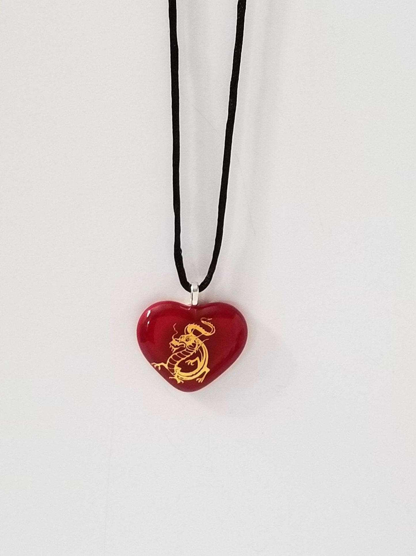 Gold Dragon on Red Heart Fused Glass Pendant from seeds glassworks