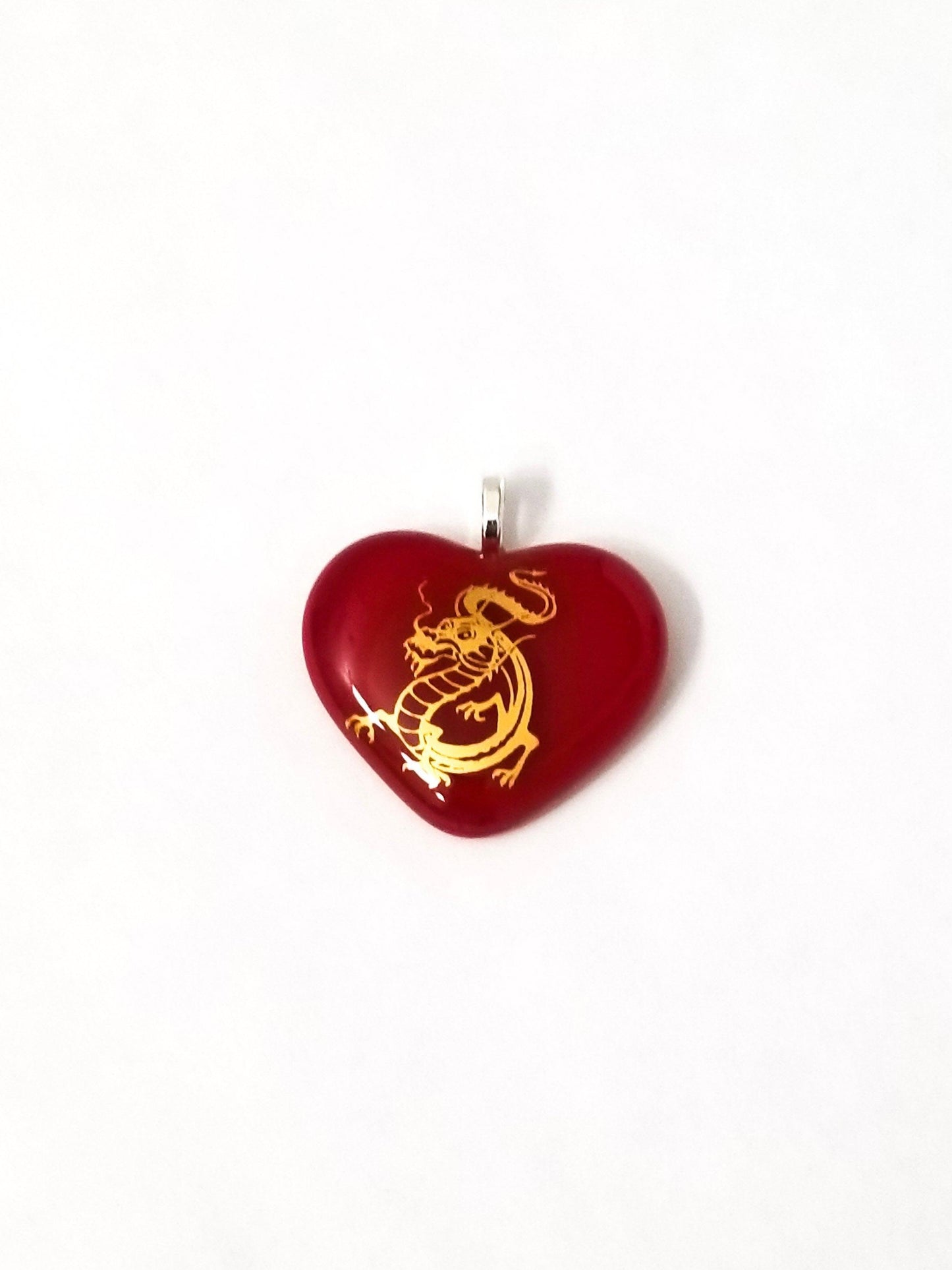 Gold Dragon on Red Heart Fused Glass Pendant from seeds glassworks