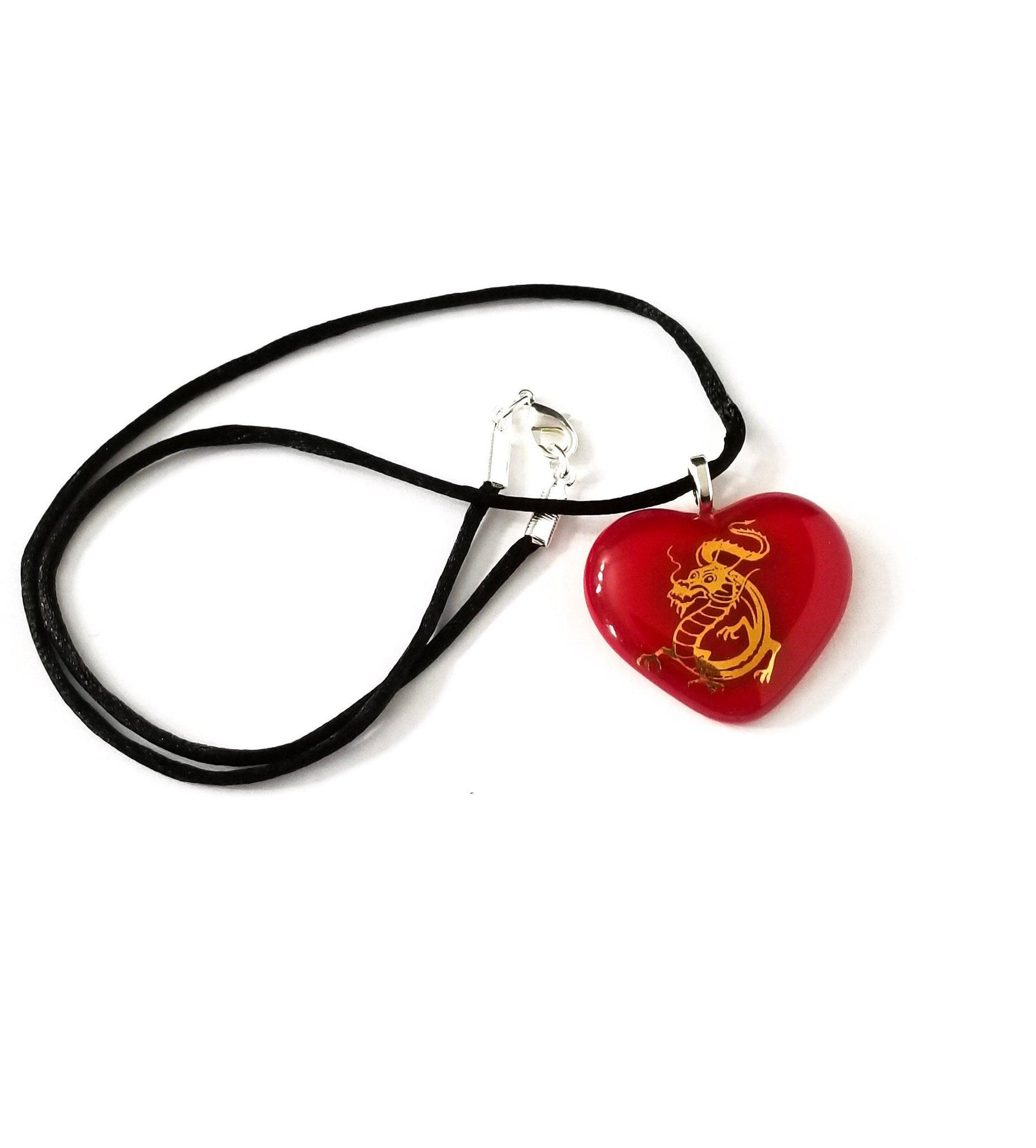 Gold Dragon on Red Heart Fused Glass Pendant from seeds glassworks