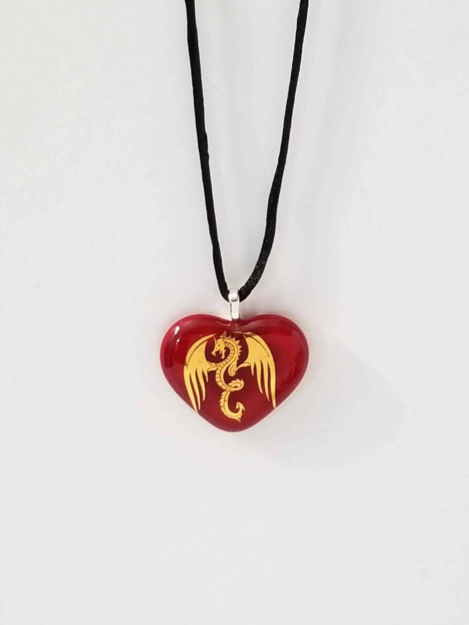 Gold Winged Dragon on Red Heart Fused Glass Pendant from seeds glassworks