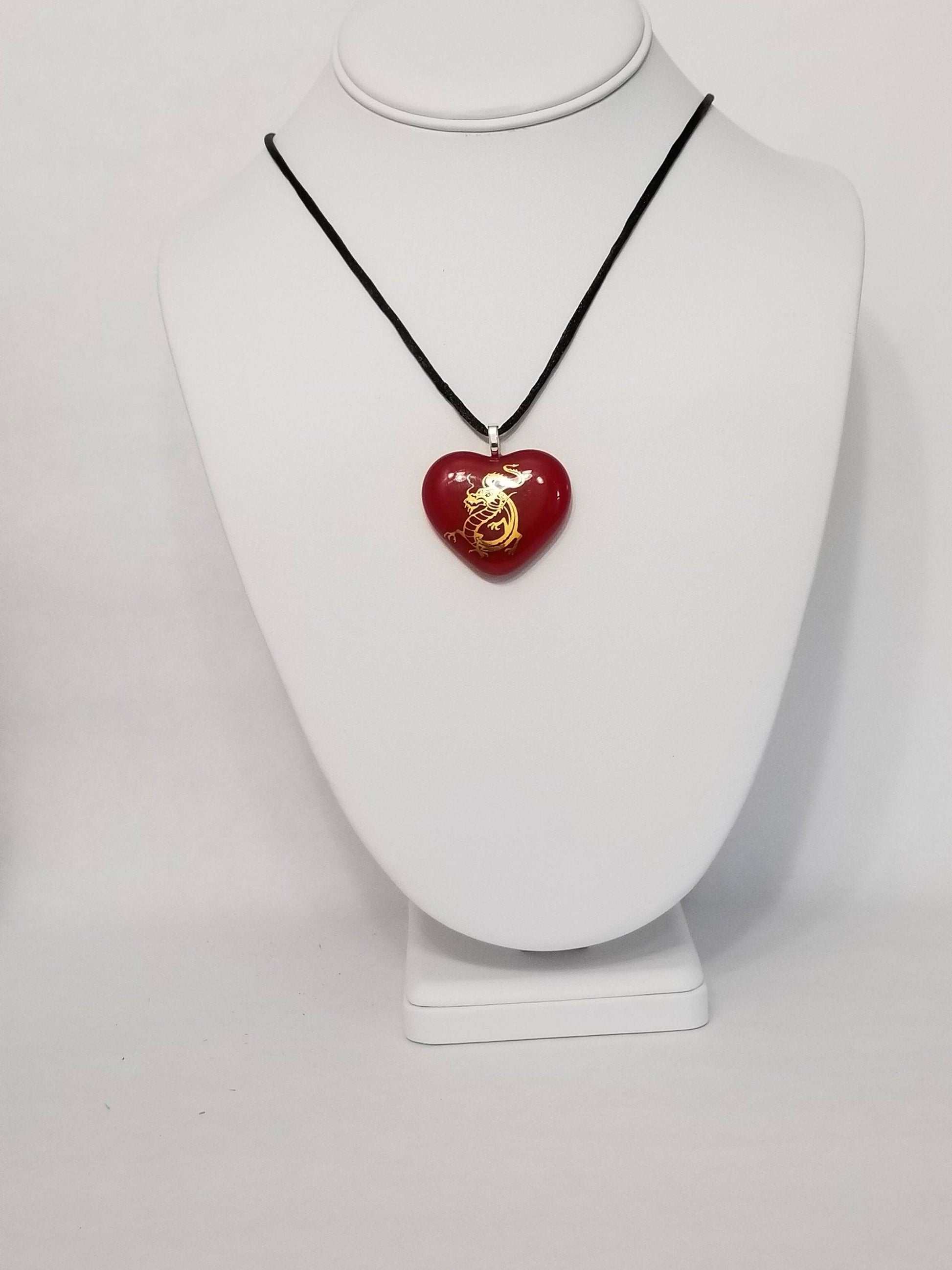 Gold Winged Dragon on Red Heart Fused Glass Pendant from seeds glassworks