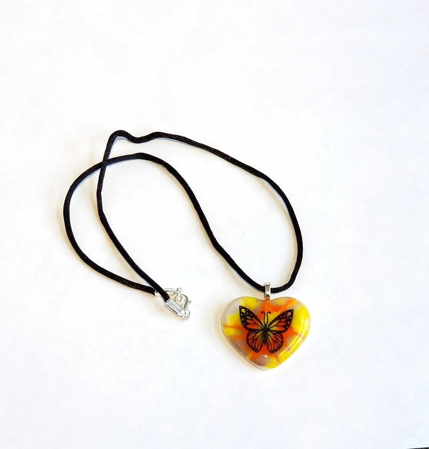 Tie Dye look and Butterfly fused glass Heart necklace, rainbow color from seeds glassworks