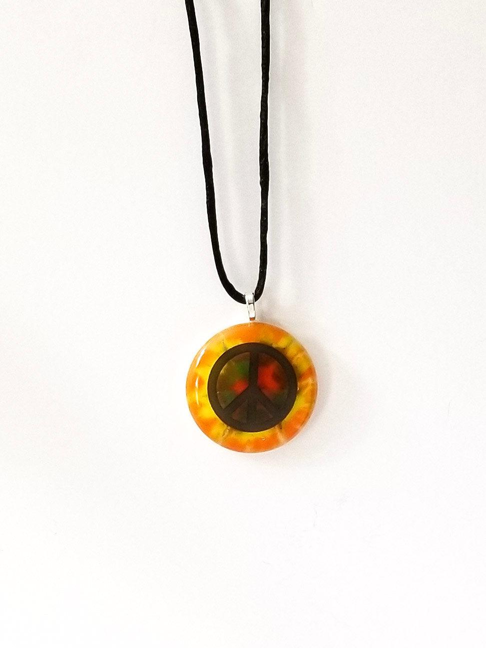 Tie Dye look and Peace Sign fused glass Circle necklace, rainbow color from seeds glassworks