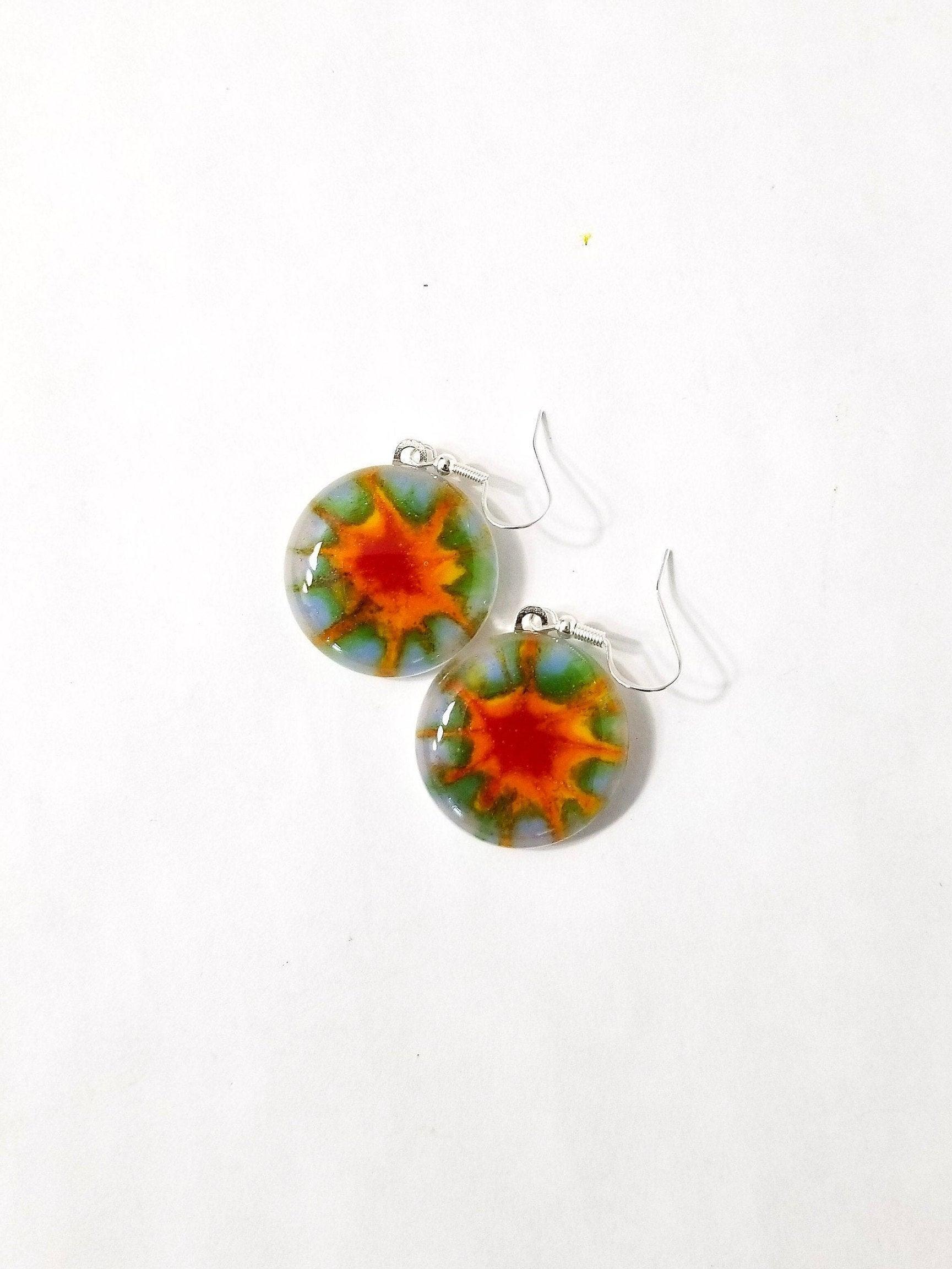 Circle shaped Tie Dye look pierced earrings-fused glass Seeds Glassworks