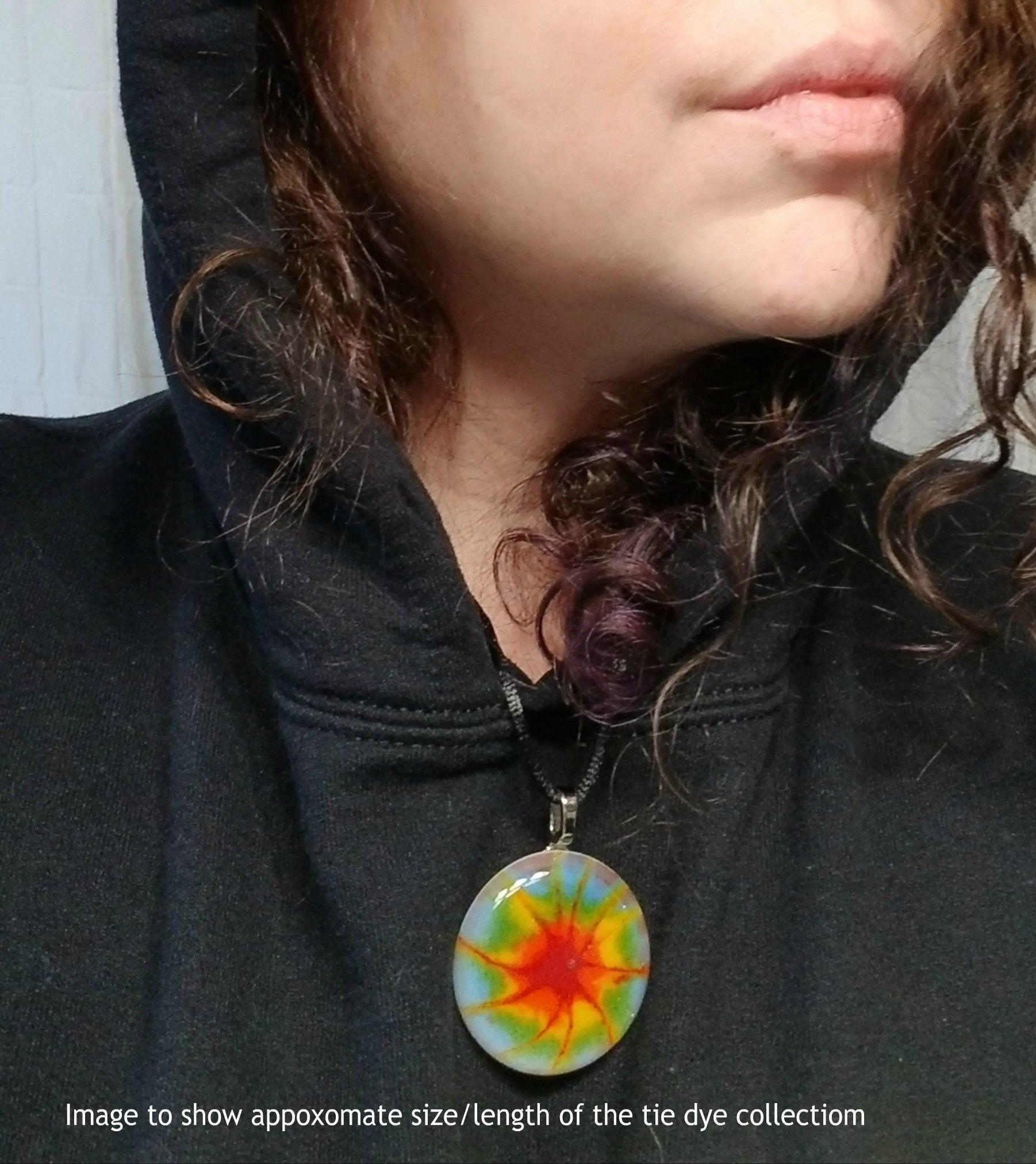 Tie Dye look and Peace Sign fused glass Circle necklace, rainbow color from seeds glassworks