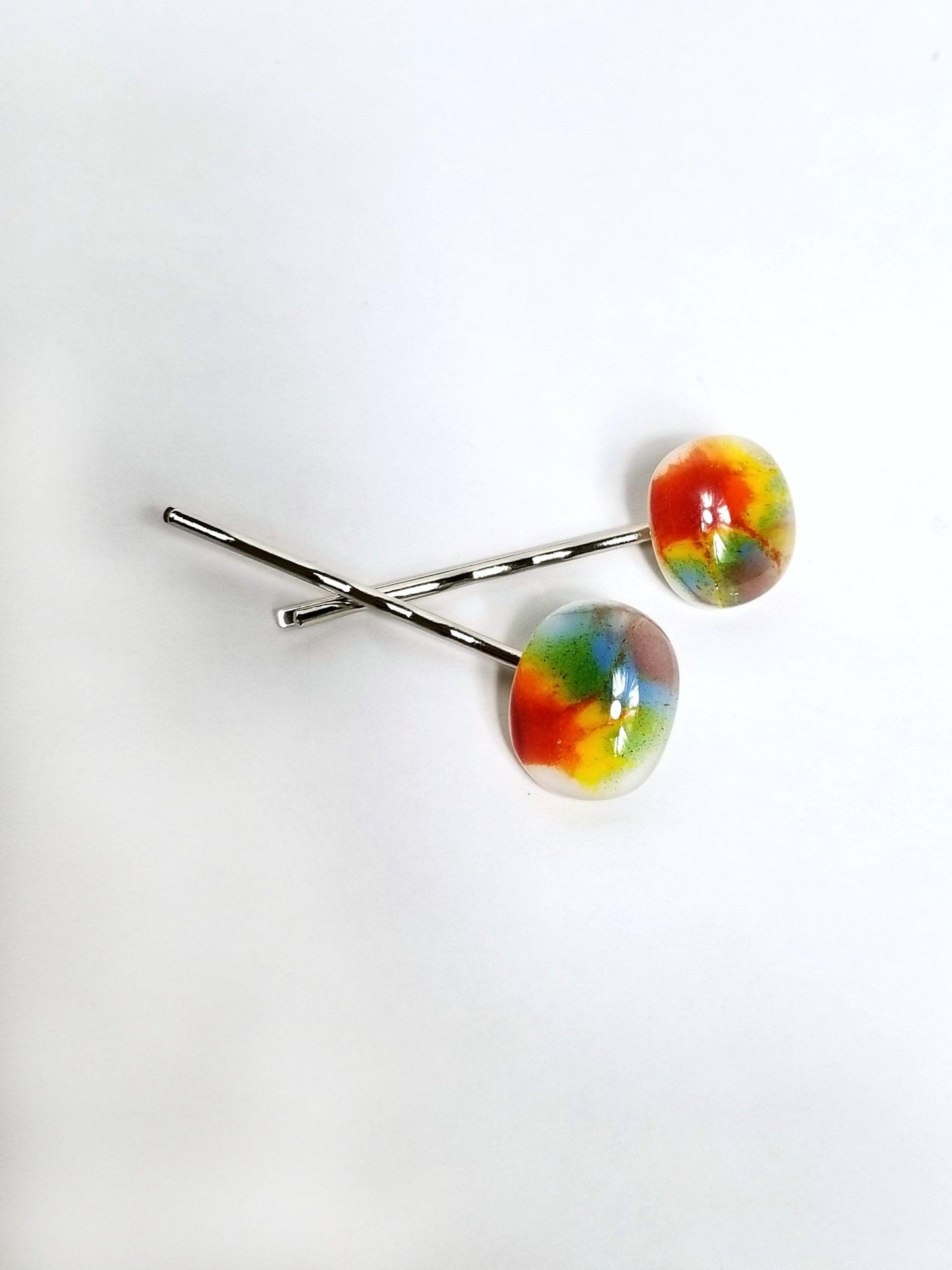 Tie Dye look fused glass adorned Bobby Pins from seeds glassworks