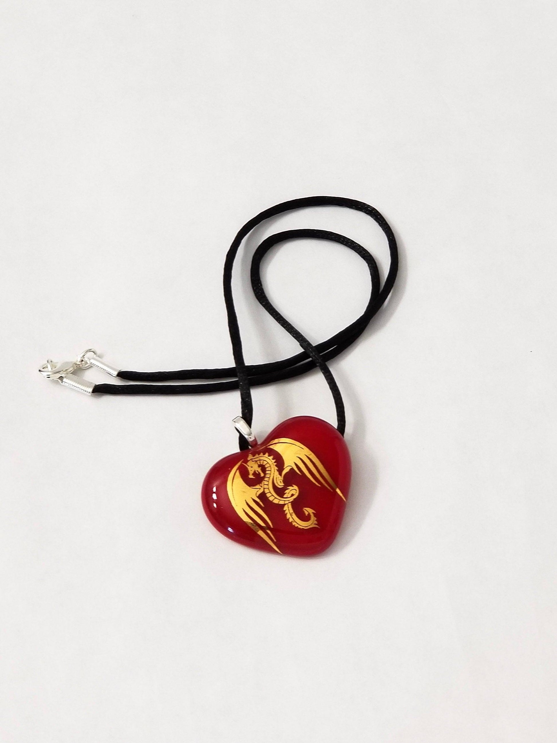 Gold Winged Dragon on Red Heart Fused Glass Pendant from seeds glassworks