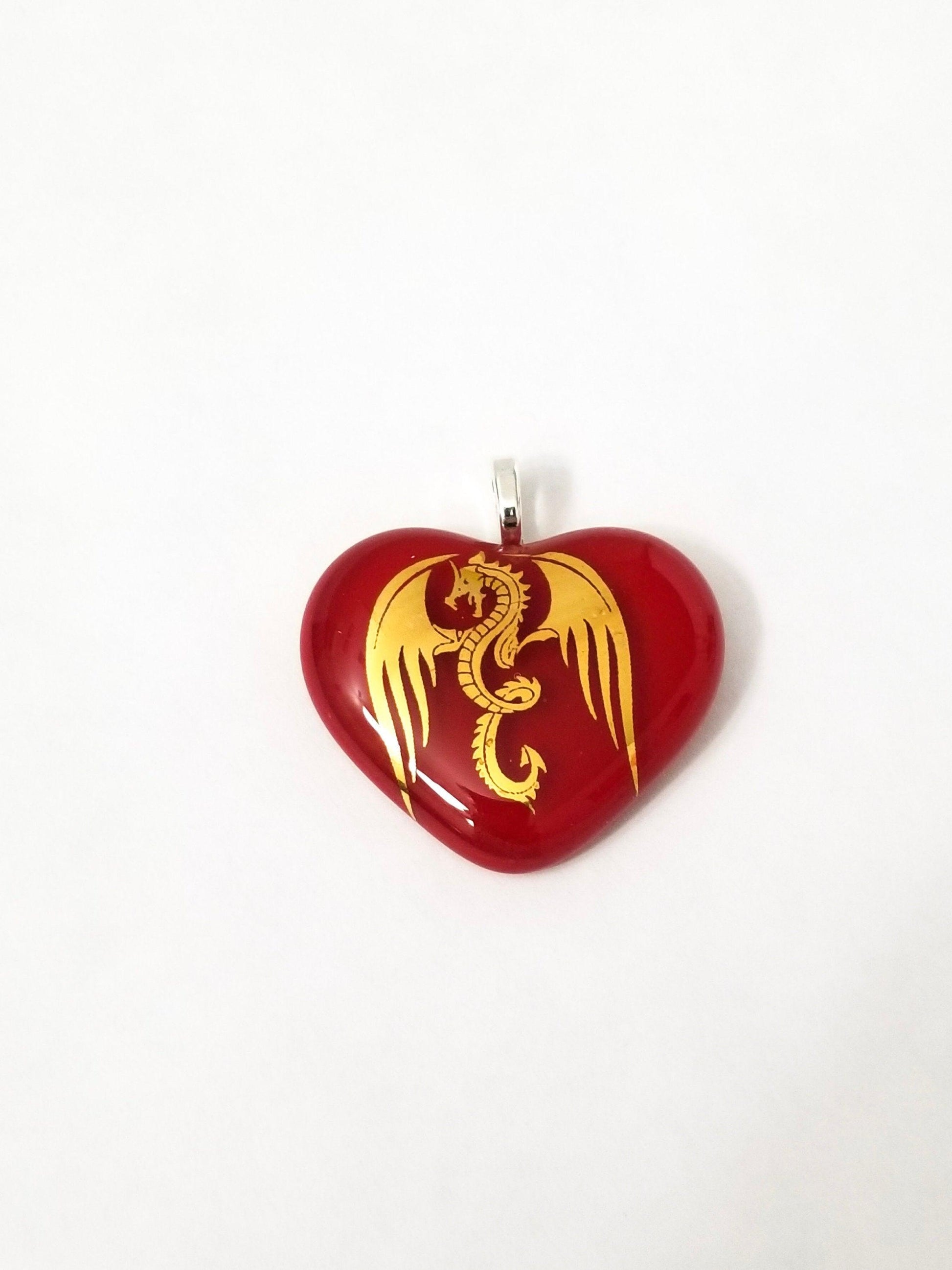 Gold Winged Dragon on Red Heart Fused Glass Pendant from seeds glassworks