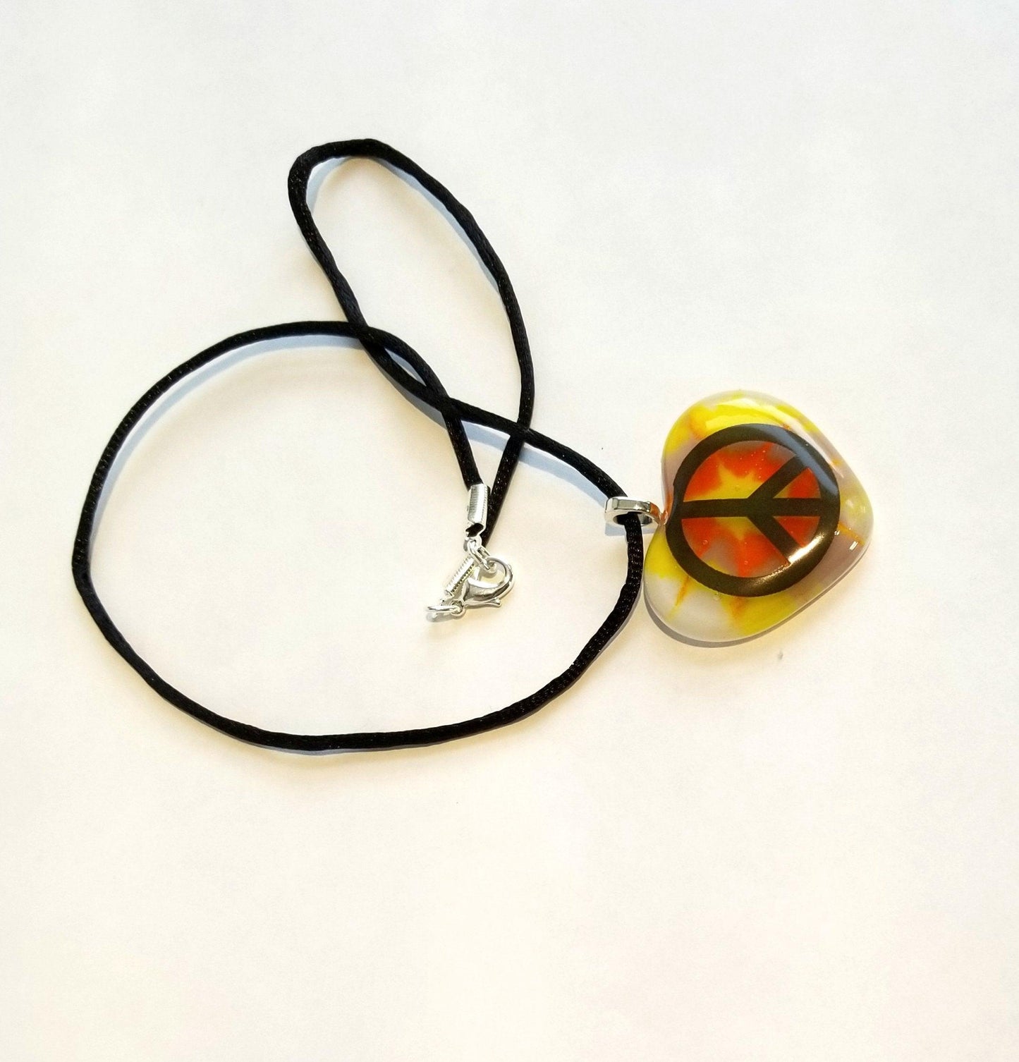Tie Dye look and Peace Sign fused glass Heart necklace, rainbow color from seeds glassworks