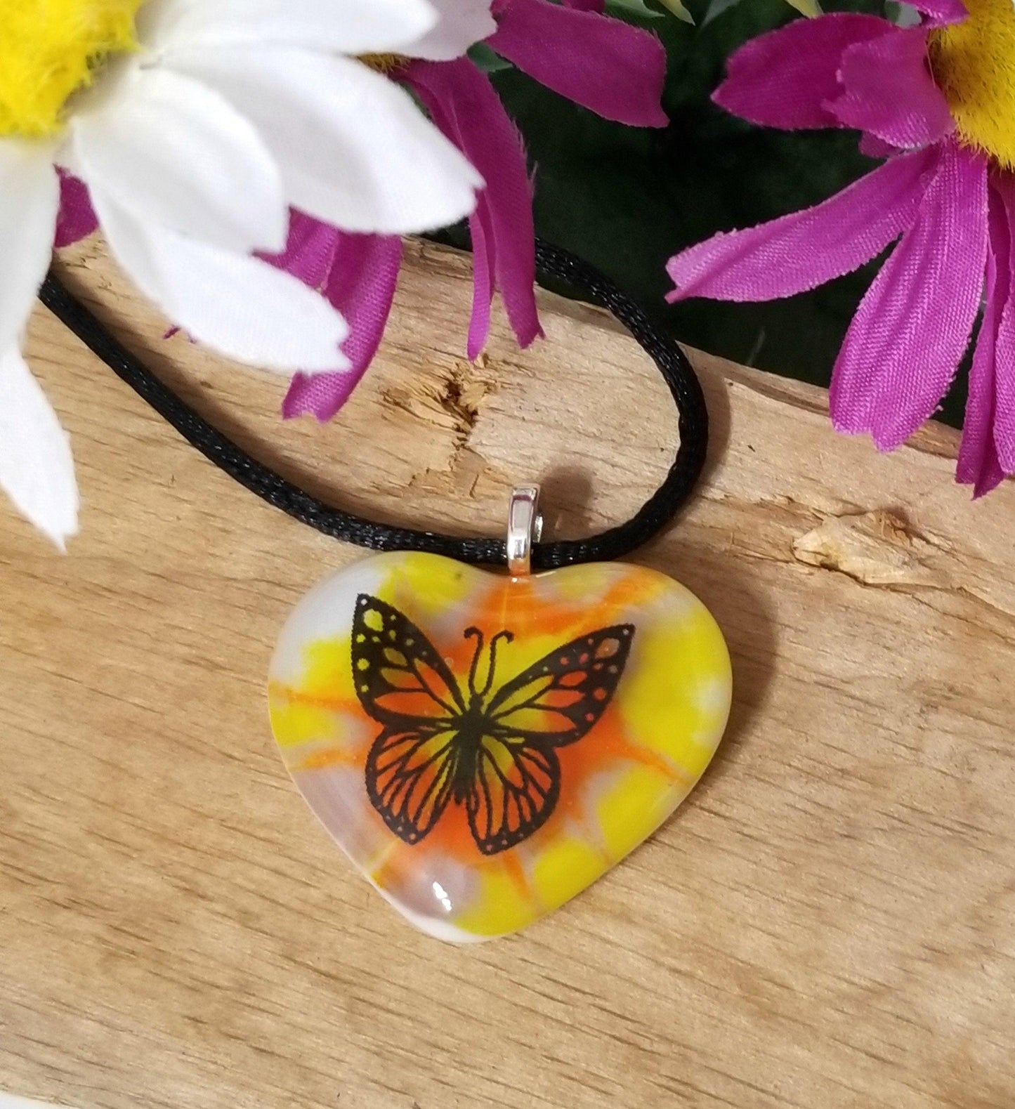 Tie Dye look and Butterfly fused glass Heart necklace, rainbow color from seeds glassworks