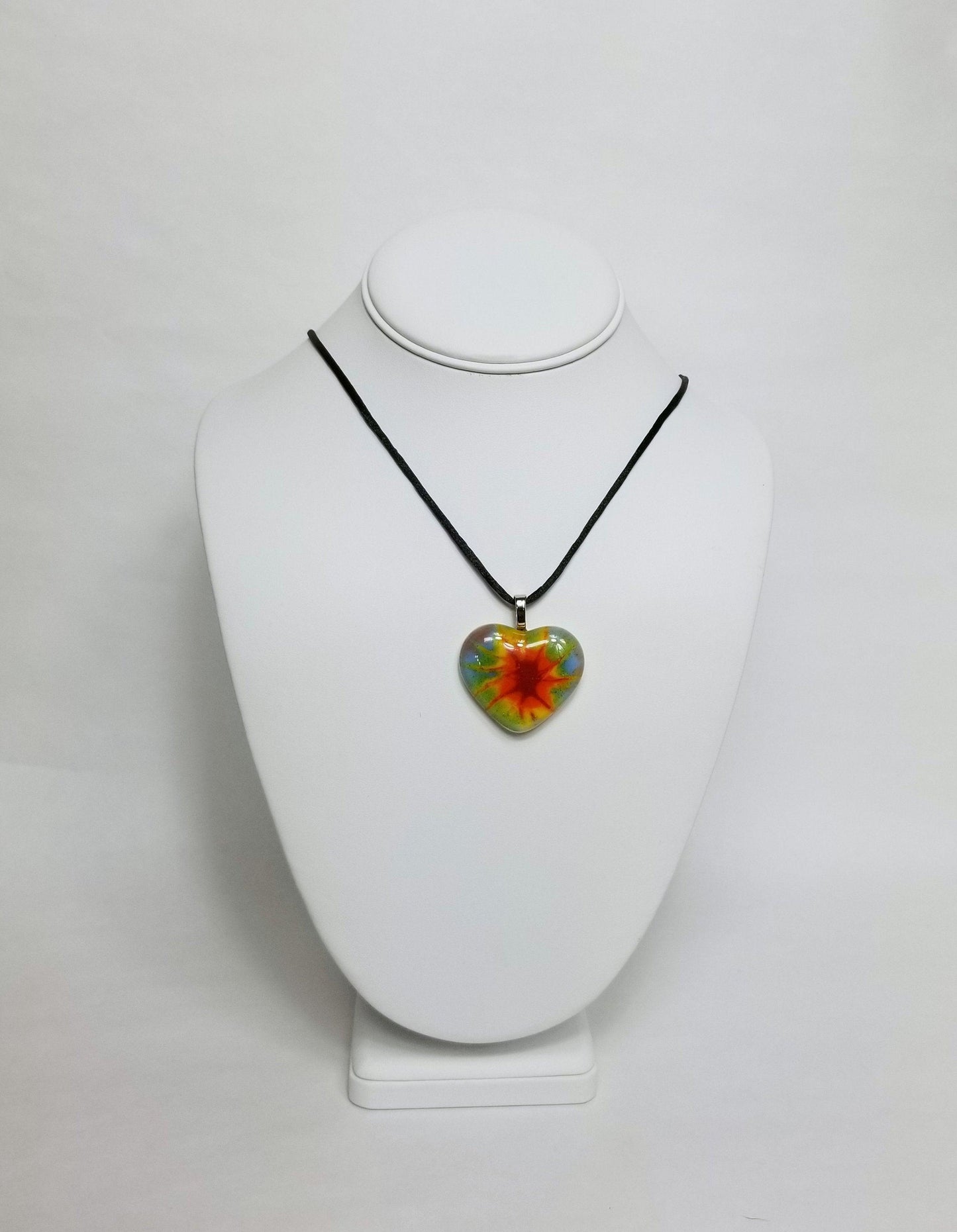 Tie Dye look fused glass Heart necklace, rainbow color