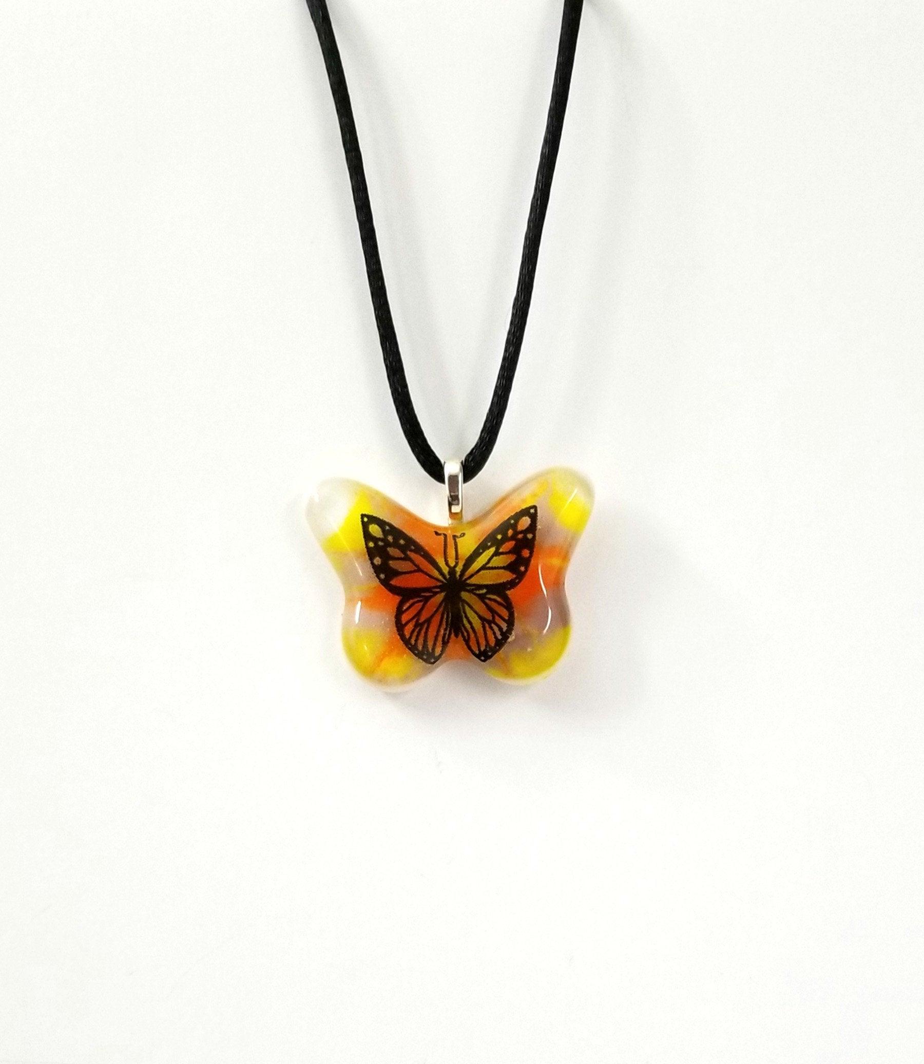 Tie Dye look Butterfly fused glass necklace rainbow color Seeds Glassworks