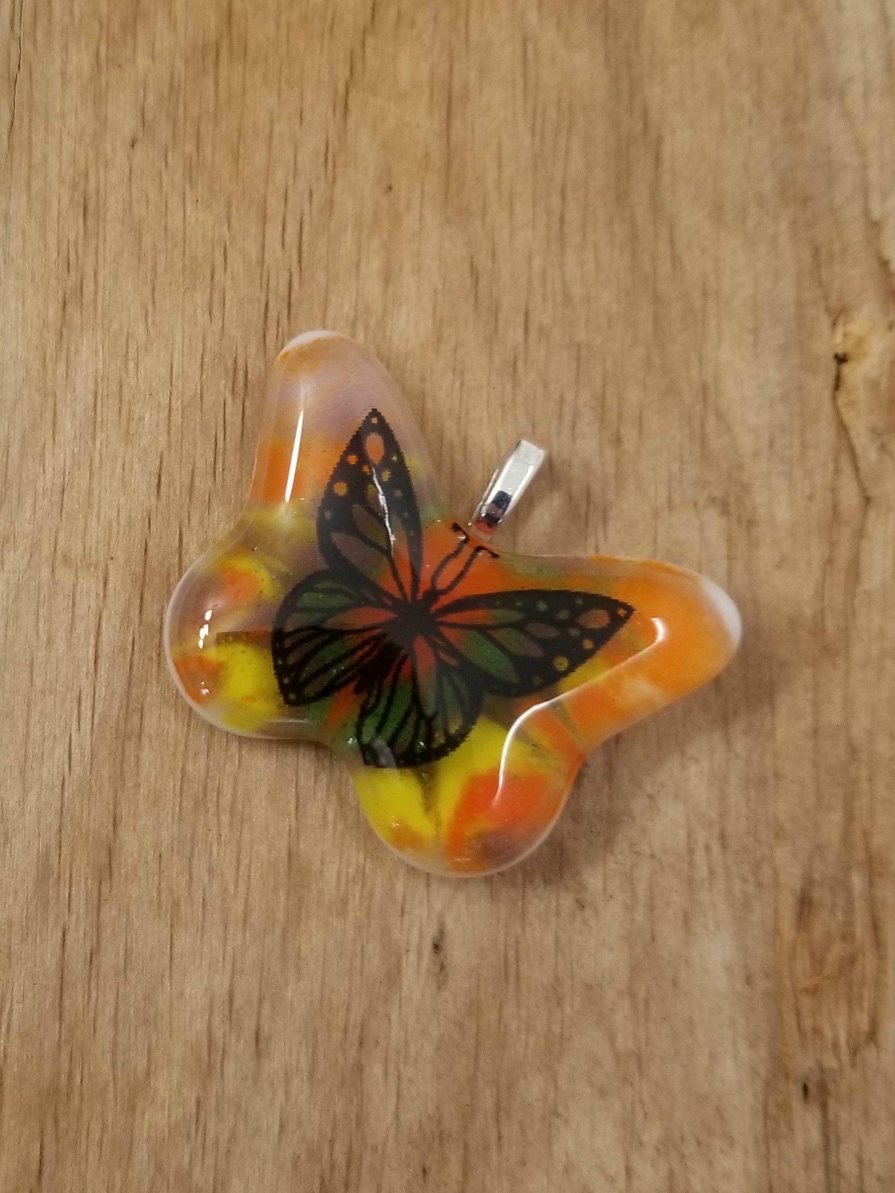 Tie Dye look Butterfly fused glass necklace rainbow color Seeds Glassworks