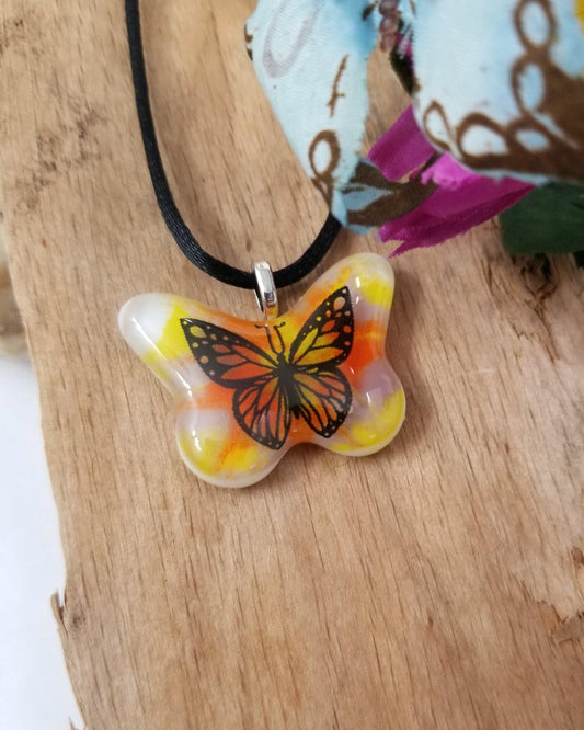 Tie Dye look Butterfly fused glass necklace rainbow color Seeds Glassworks