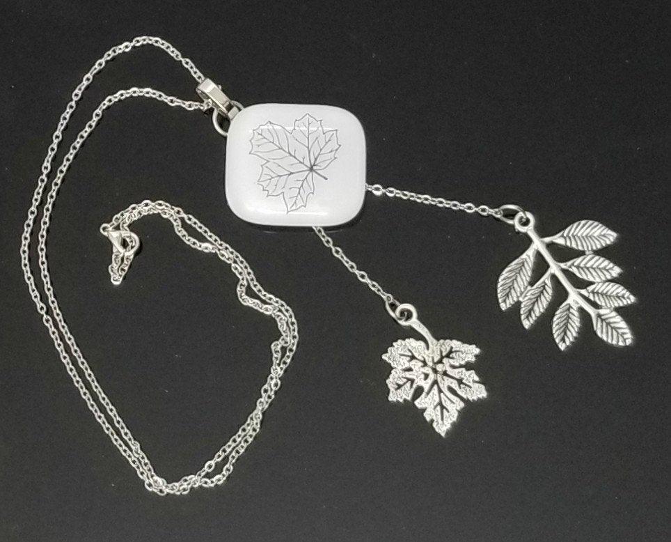 Leaf Nature Necklace, Fused Glass and Stainless steel chain and leaves seeds glassworks seedsglassworks