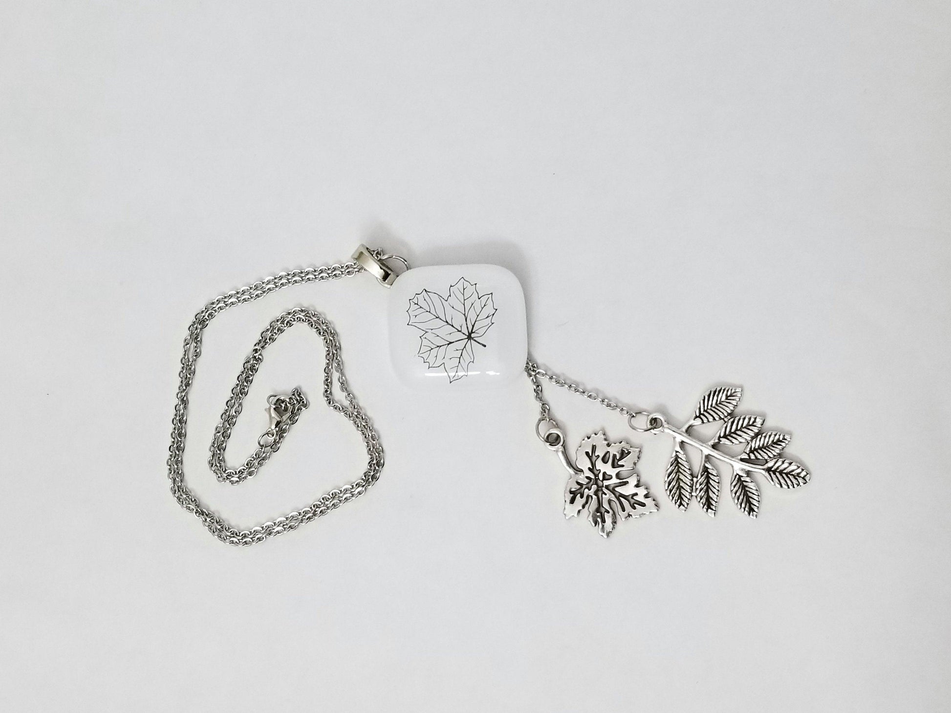 Leaf Nature Necklace, Fused Glass and Stainless steel chain and leaves seeds glassworks seedsglassworks