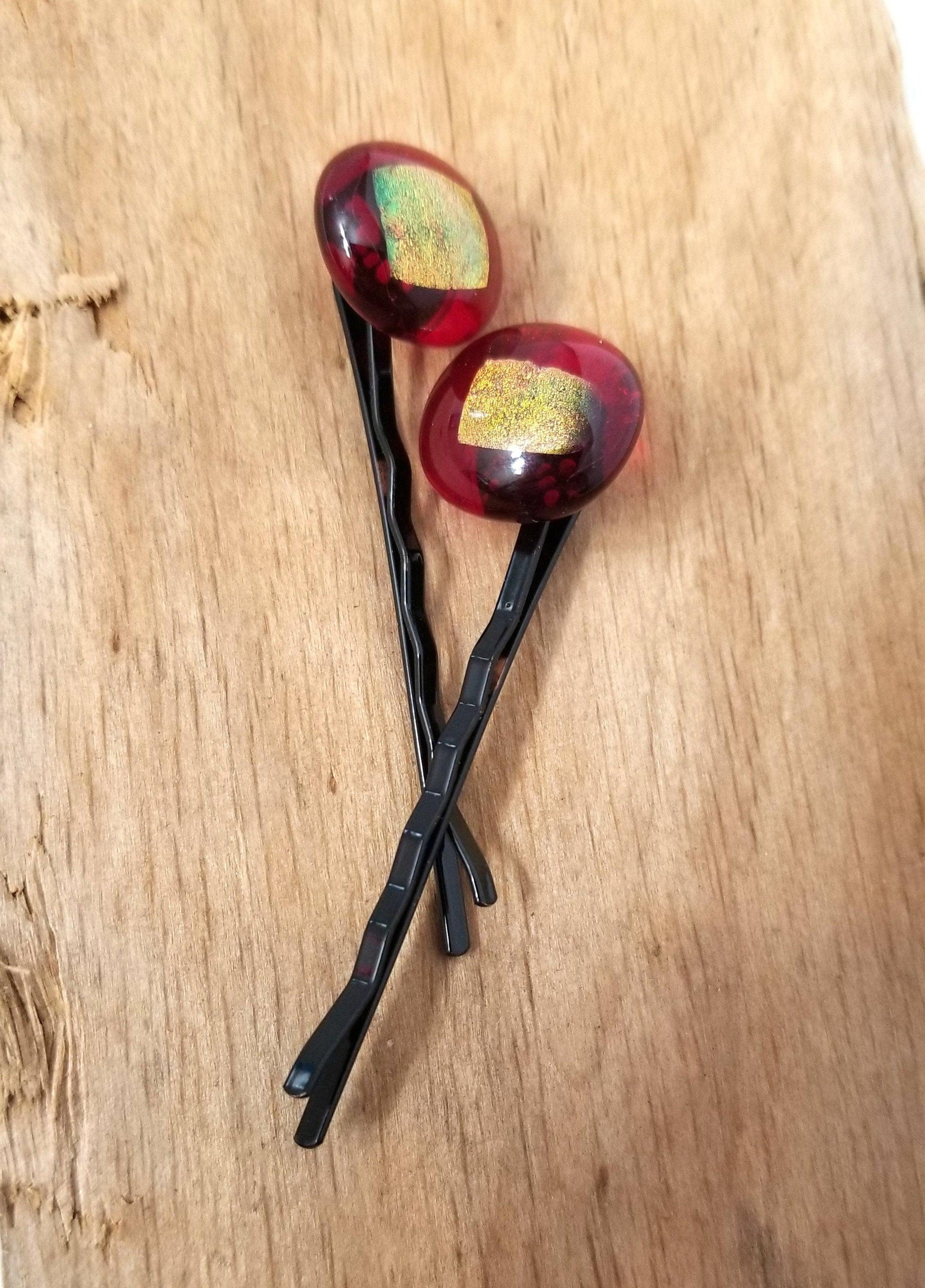 Red and Green sparked fused glass adorned Bobby Pins Seeds Glassworks