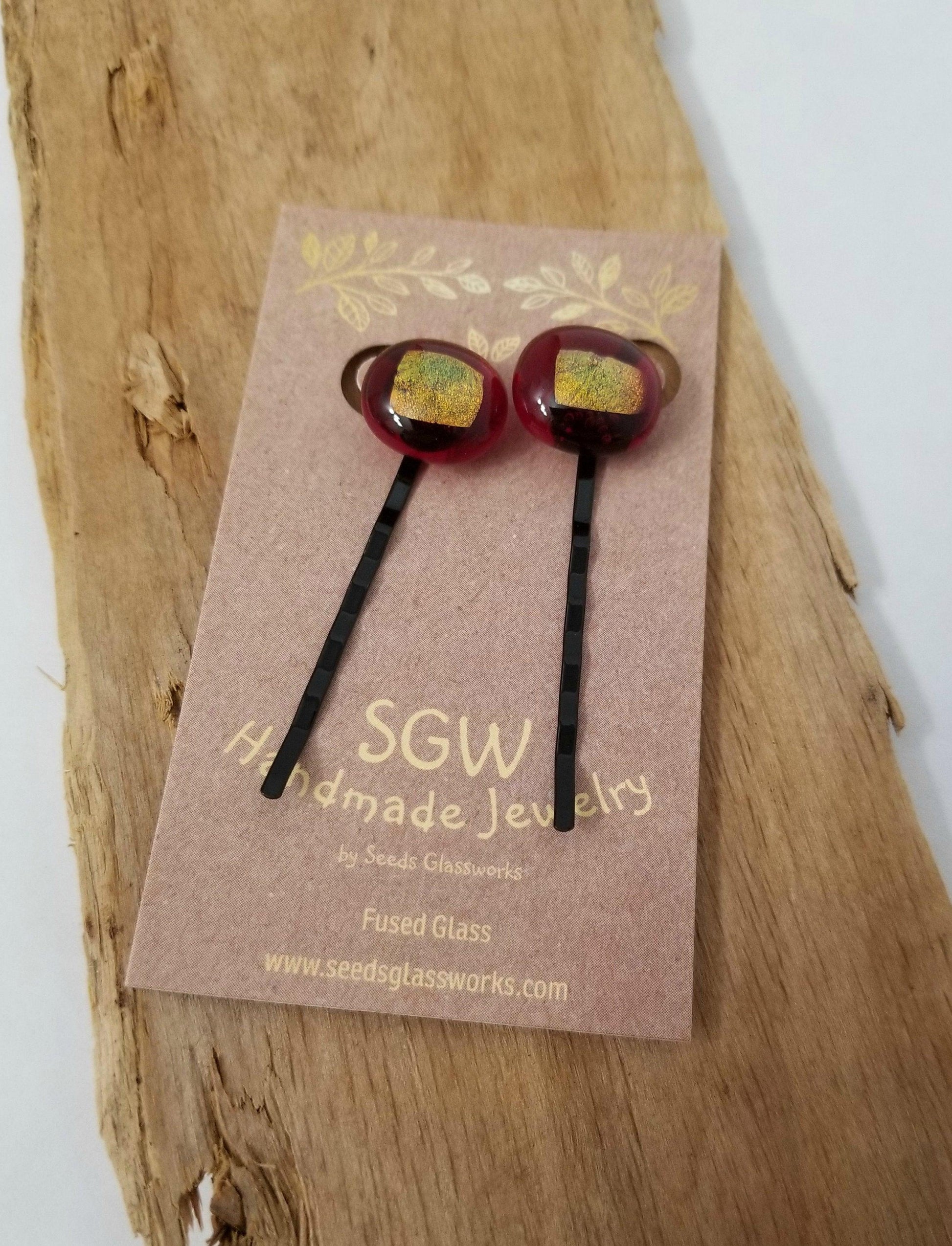 Red and Green sparked fused glass adorned Bobby Pins Seeds Glassworks