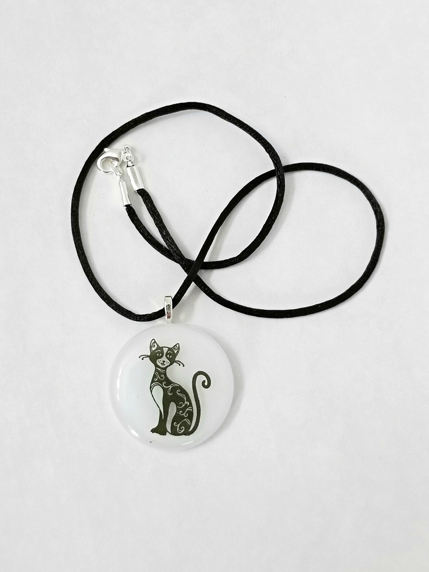 Black Whimsical Cat on White Circle  Fused Glass Pendant necklace jewelry on 18 inch black cord or 20 inch steel chain