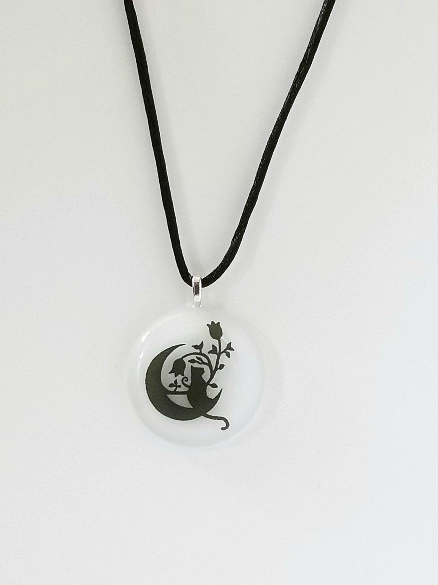 Black Cat sitting on the Moon on White Circle  Fused Glass Pendant