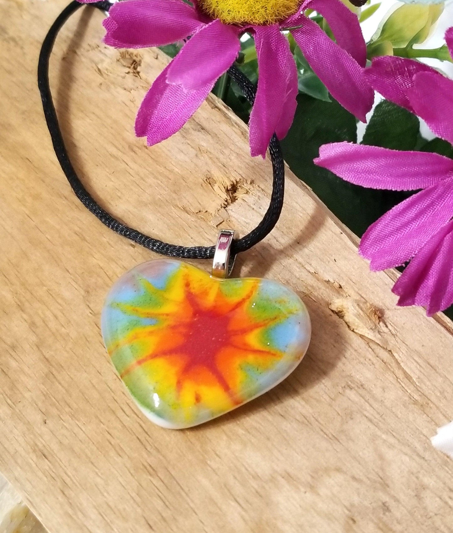 Tie Dye look fused glass Heart necklace, rainbow color