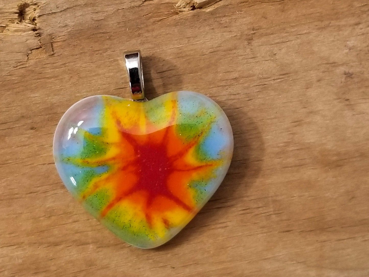 Tie Dye look Fused Glass Heart Necklace, rainbow colors, 18 inch black cord