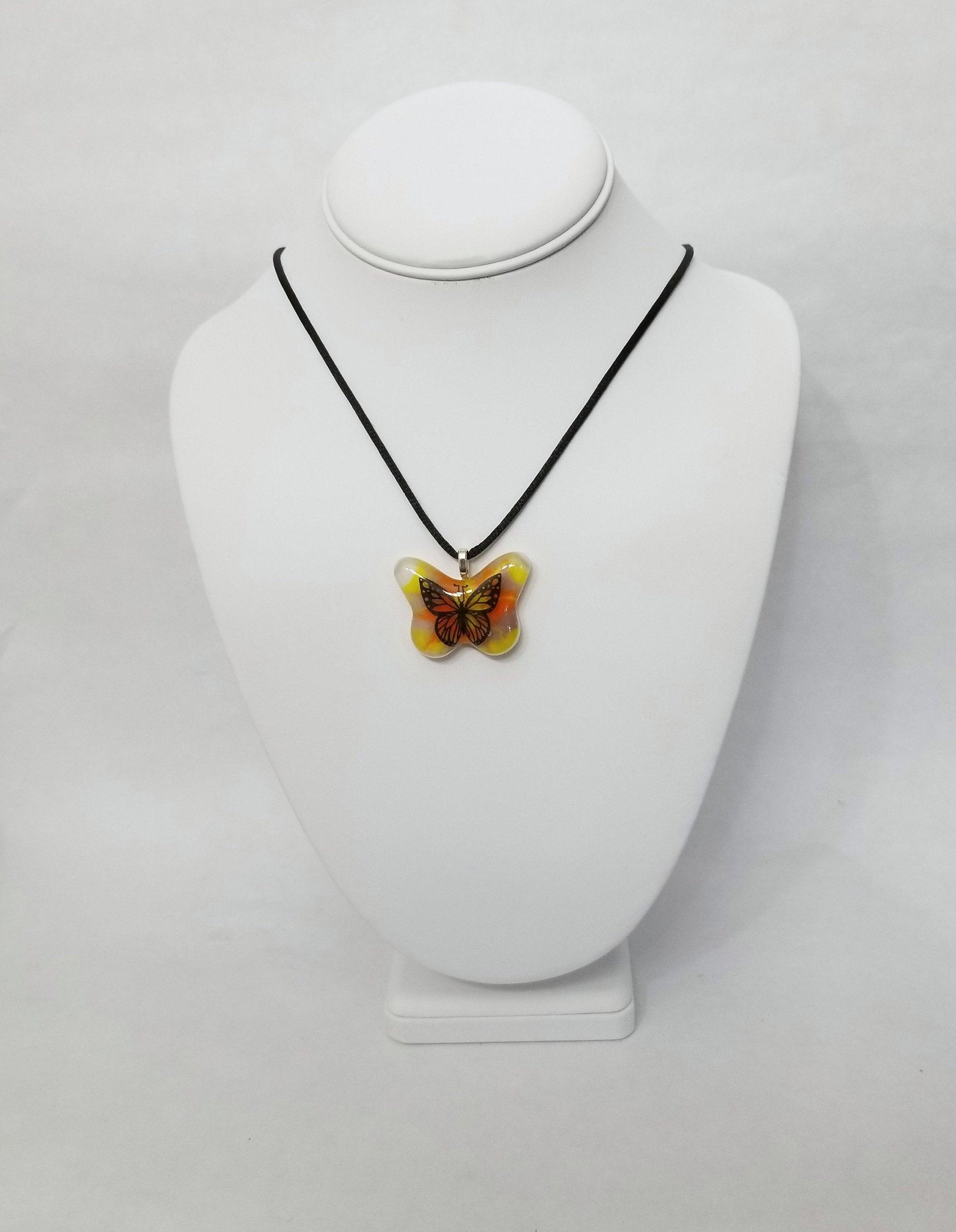 Tie Dye look Butterfly fused glass necklace rainbow color Seeds Glassworks