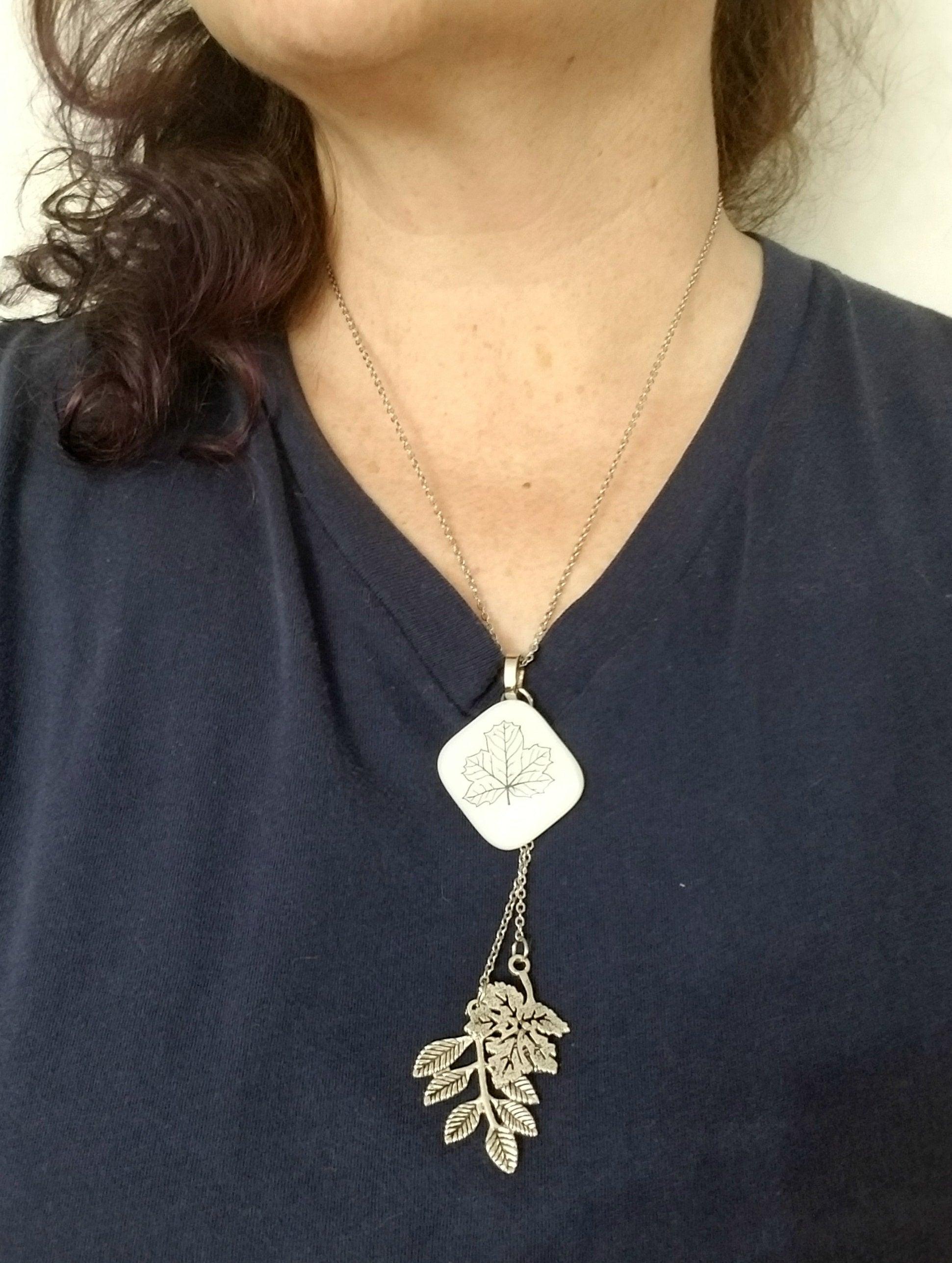 Leaf Nature Necklace, Fused Glass and Stainless steel chain and leaves seeds glassworks seedsglassworks