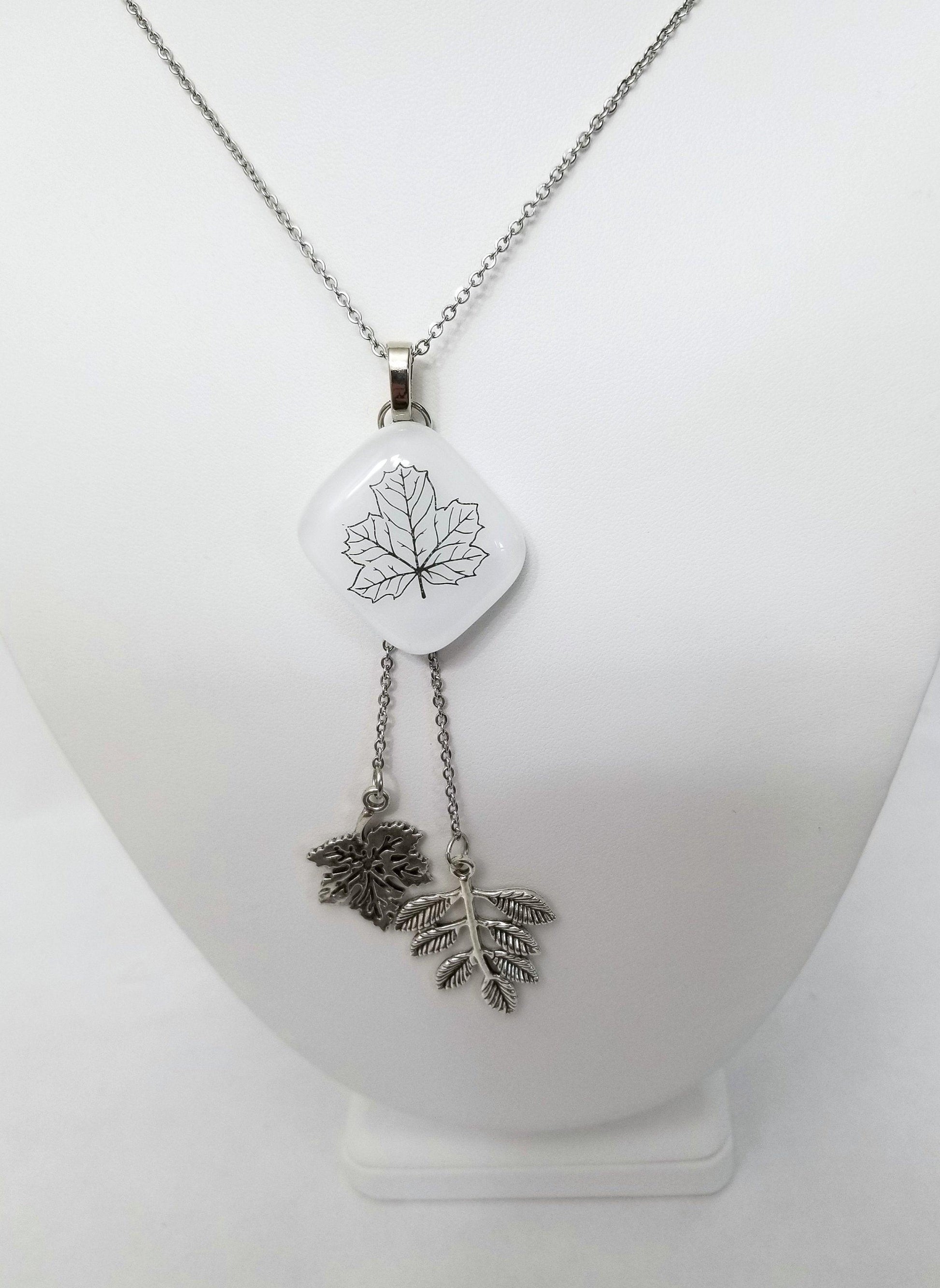Leaf Nature Necklace, Fused Glass and Stainless steel chain and leaves seeds glassworks seedsglassworks