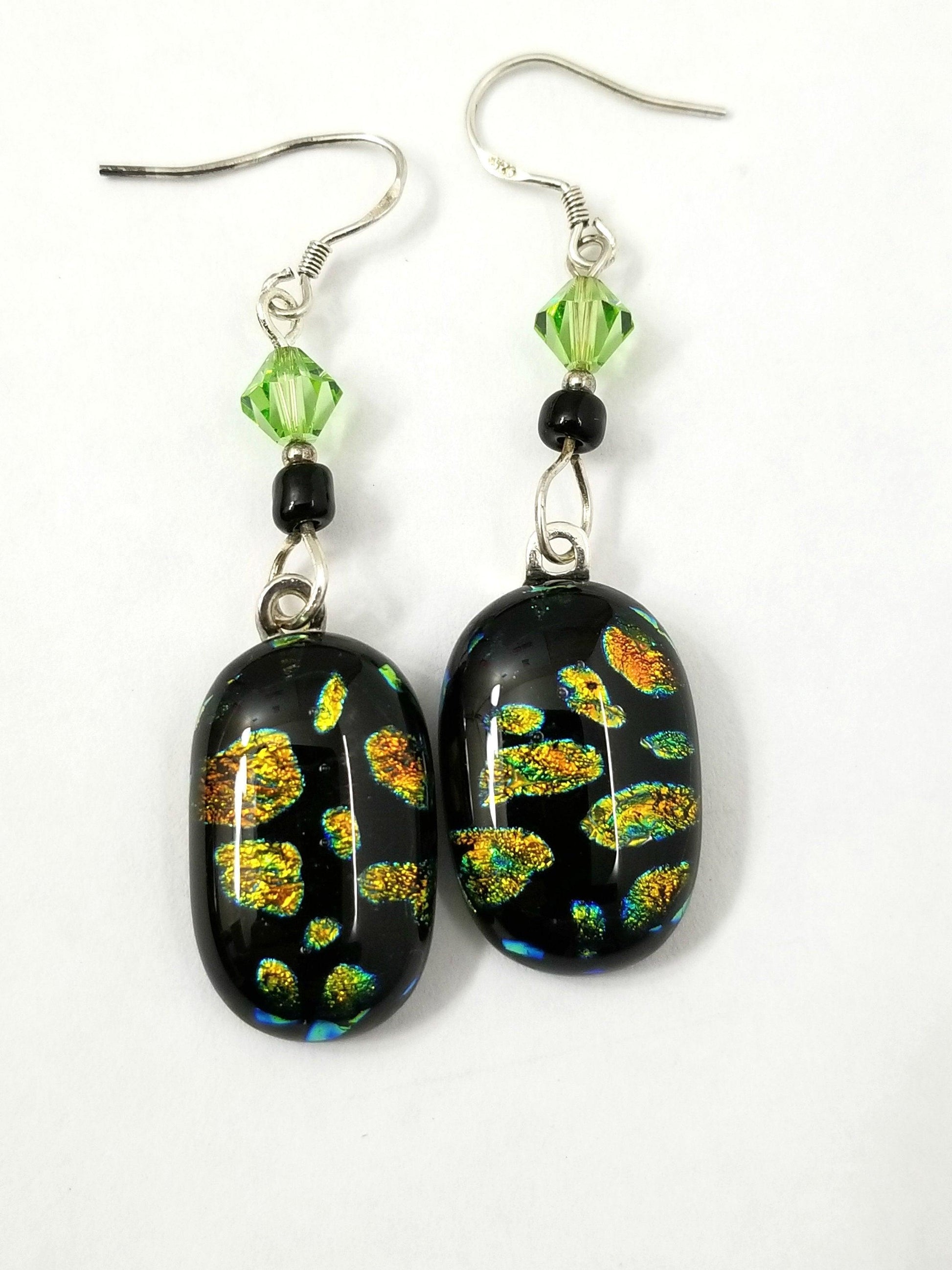 lack with Green sparkle fused glass pierced dangle earrings,