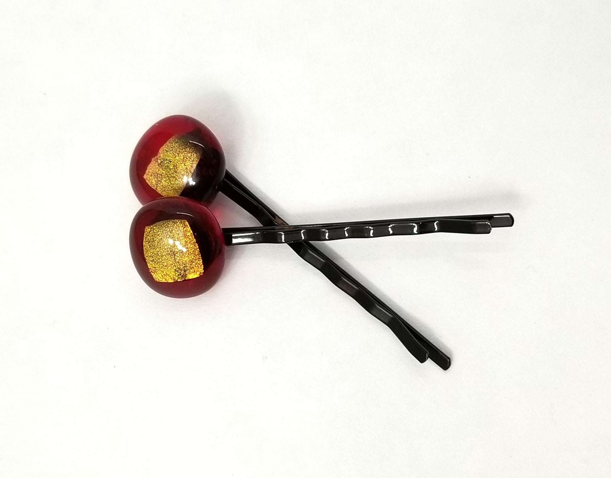 Red and Green sparked fused glass adorned Bobby Pins Seeds Glassworks