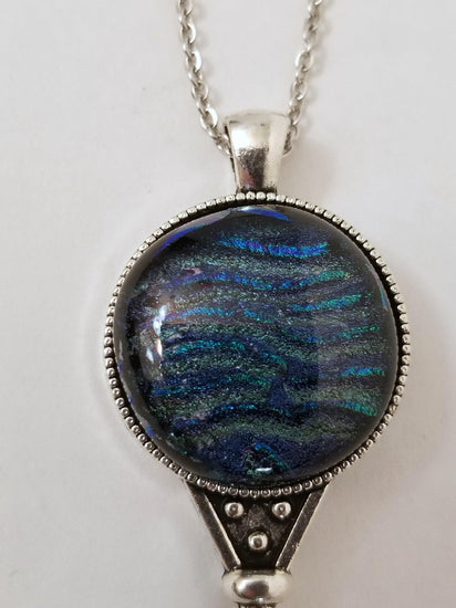 Silver Finish Skeleton Key with Fused Glass Blue Wave Dichroic cabochon on 24 inch Steel chain Seeds Glassworks