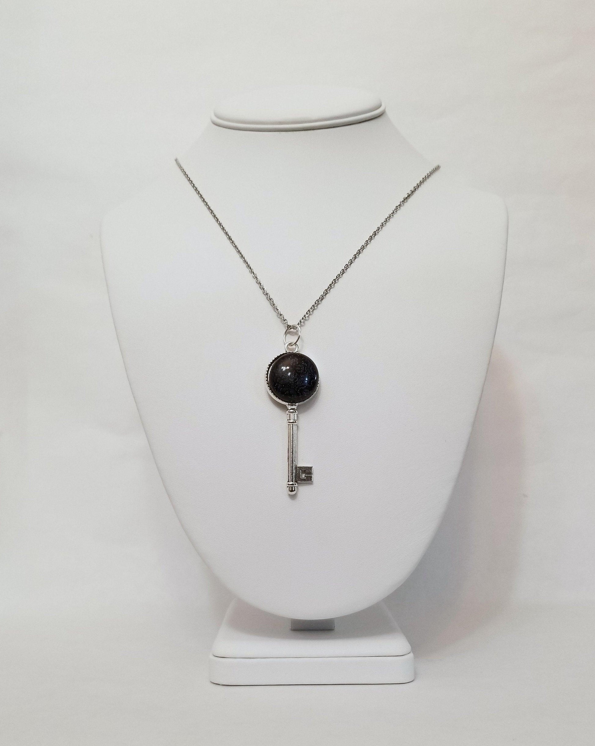 Silver Finish Small Skeleton Key with Fused Glass purple Lace cabochon on 24 inch stainless steel chain Seeds Glassworks