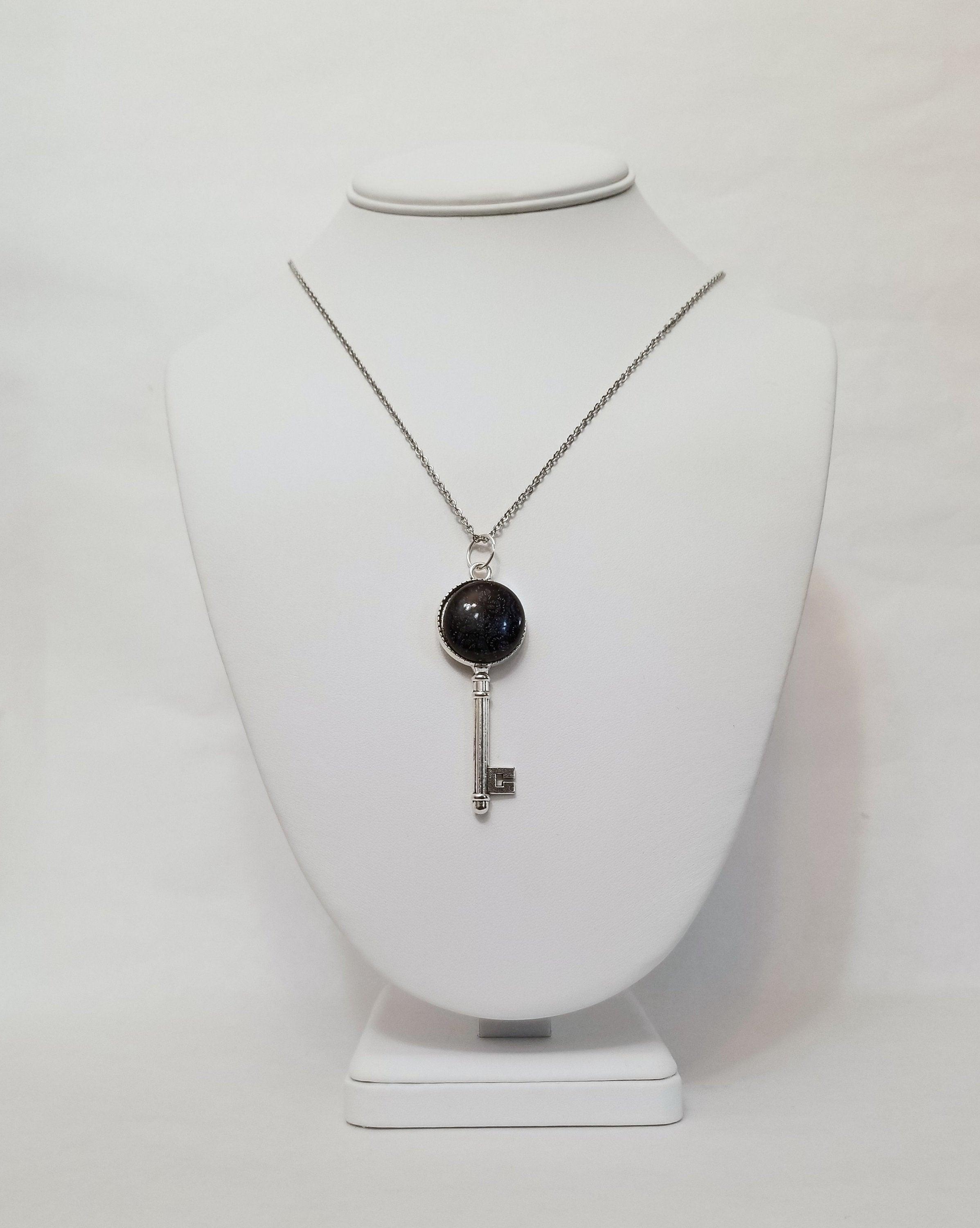 Silver Finish Small Skeleton Key with Fused Glass purple Lace cabochon on 24 inch stainless steel chain Seeds Glassworks