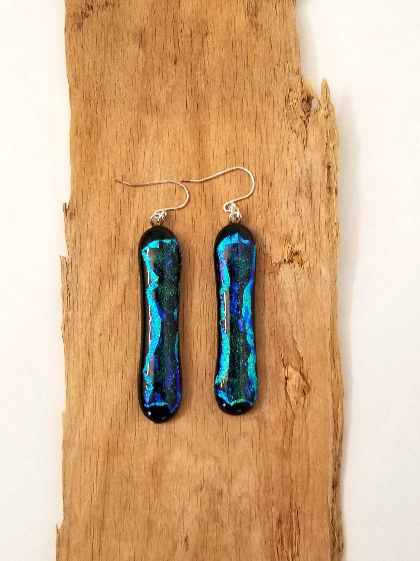 Blue Green and Black dichroic fused glass pierced earrings seeds glassworks seedsglassworks