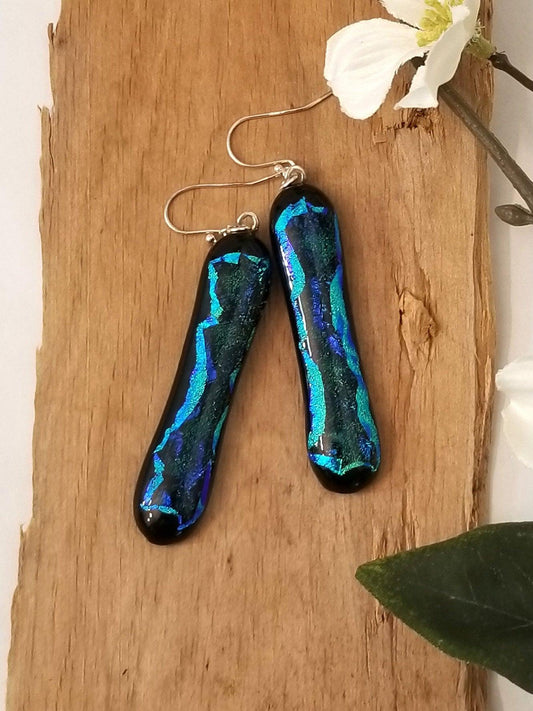 Blue Green and Black dichroic fused glass pierced earrings seeds glassworks seedsglassworks