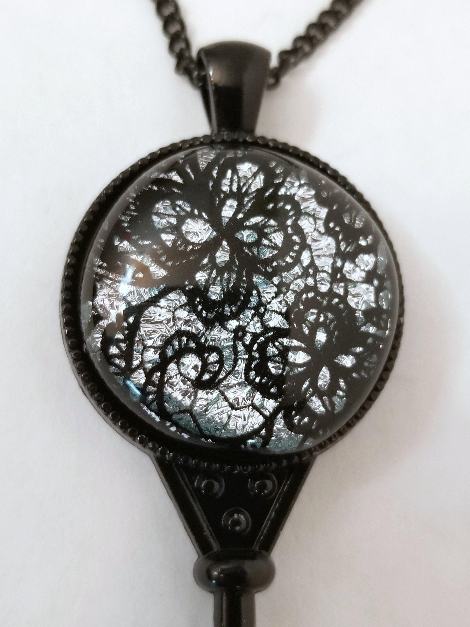 Black Metal Skeleton Key with Fused Glass Silver Lace cabochon on 24 inch black chain Seeds Glassworks  seedsglassworks