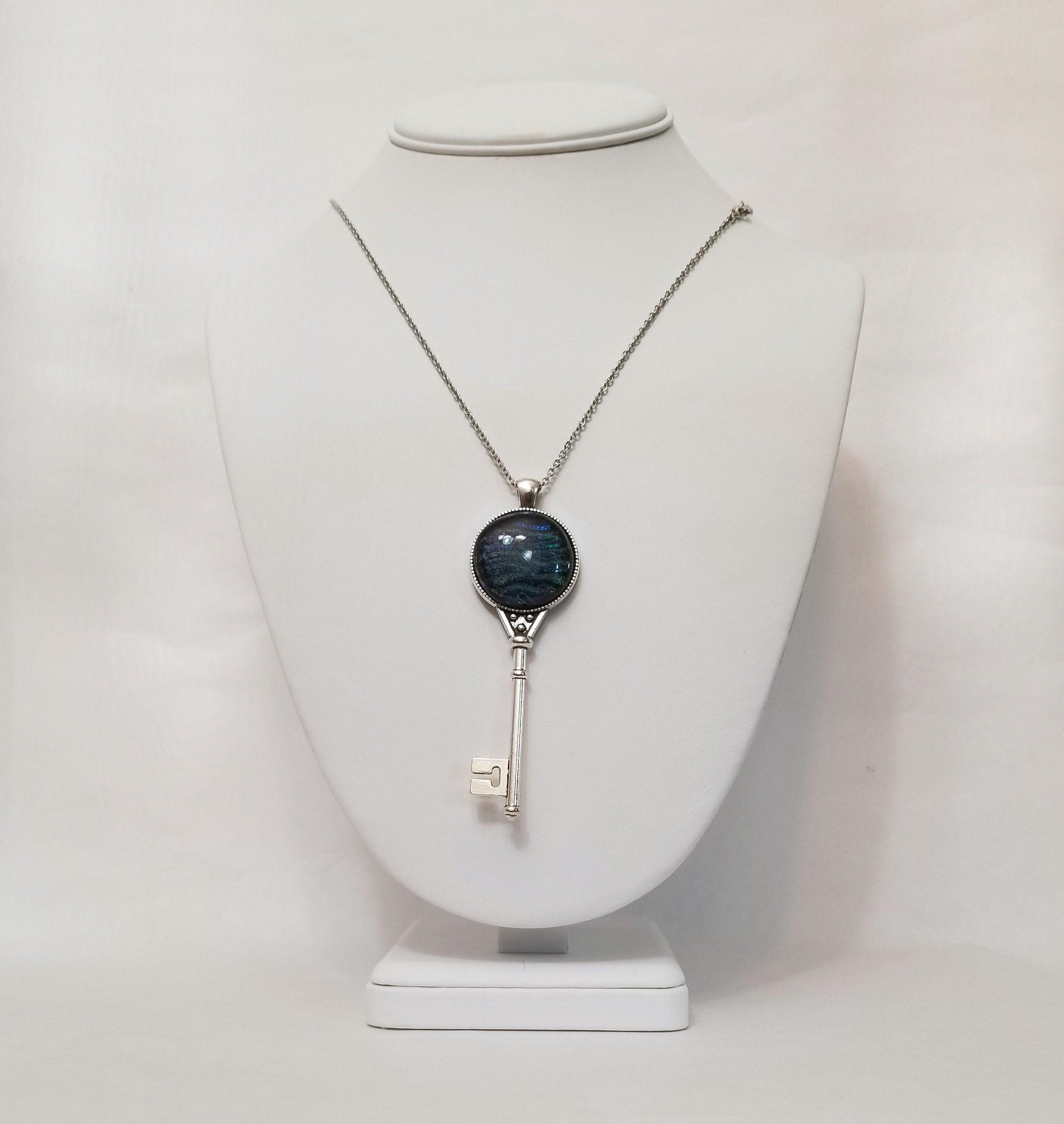 Silver Finish Skeleton Key with Fused Glass Blue Wave Dichroic cabochon on 24 inch Steel chain Seeds Glassworks