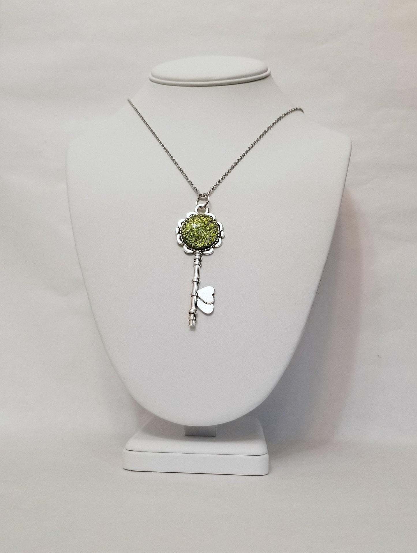 Silver finish Flowered Skeleton Key with Fused Glass Green Dichroic cabochon on 24 inch stainless steel chain Seeds Glassworks