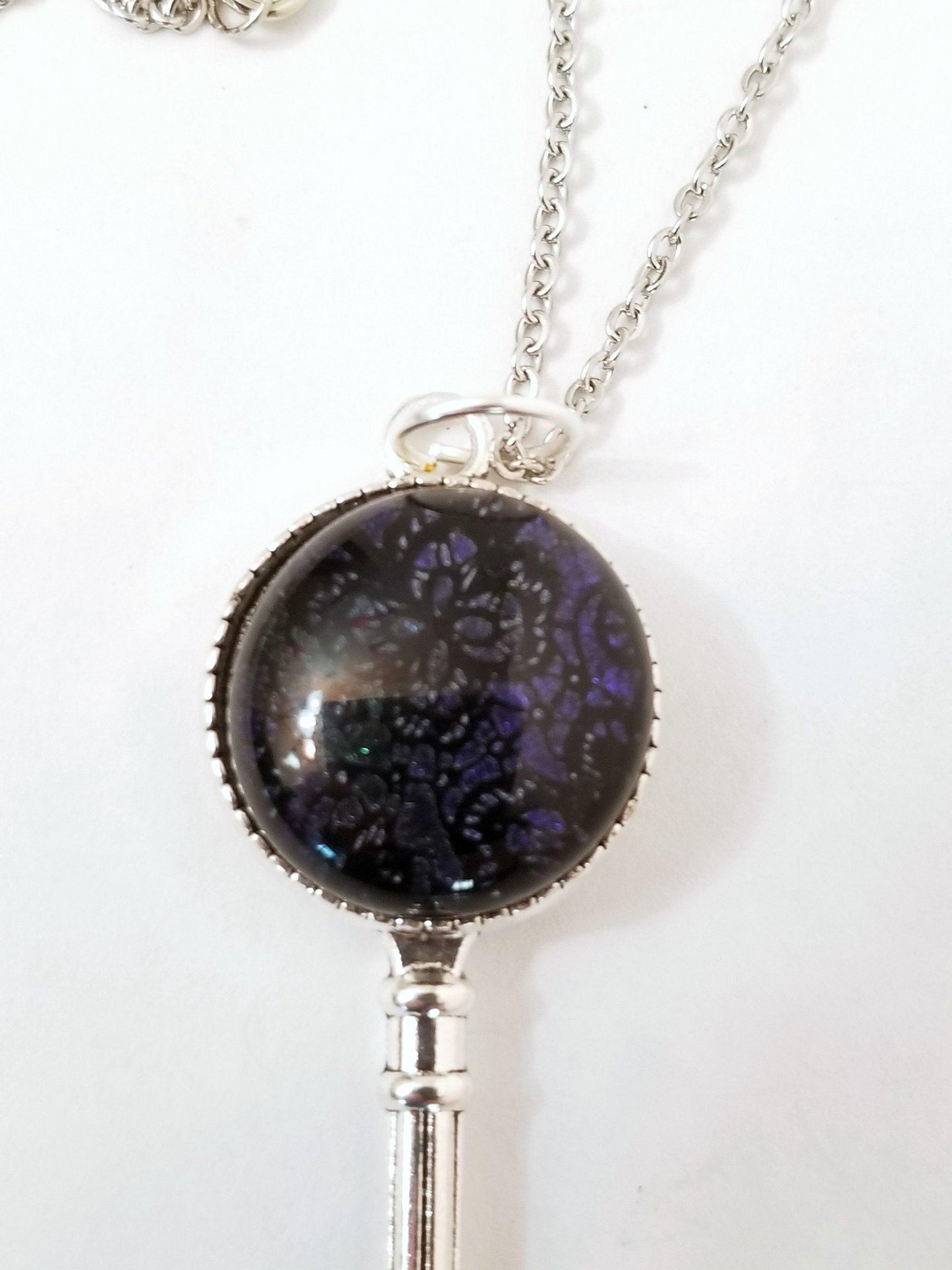 Silver Finish Small Skeleton Key with Fused Glass purple Lace cabochon on 24 inch stainless steel chain Seeds Glassworks