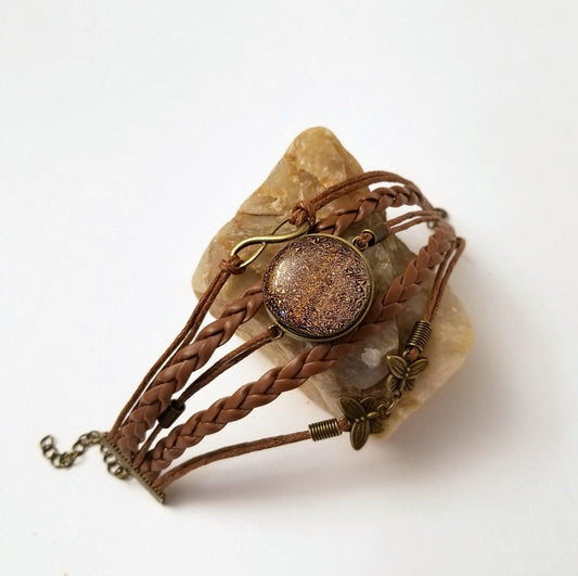 Adjustable Bracelet, Brown leatherette and Dichroic Orange fused glass cabochon