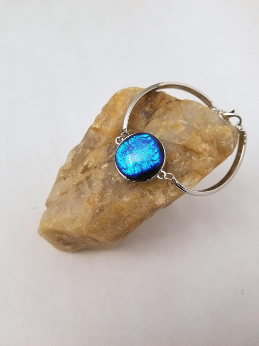 Delicate Adjustable Bracelet,  silver tone with medium Blue Dichroic fused glass cabochon