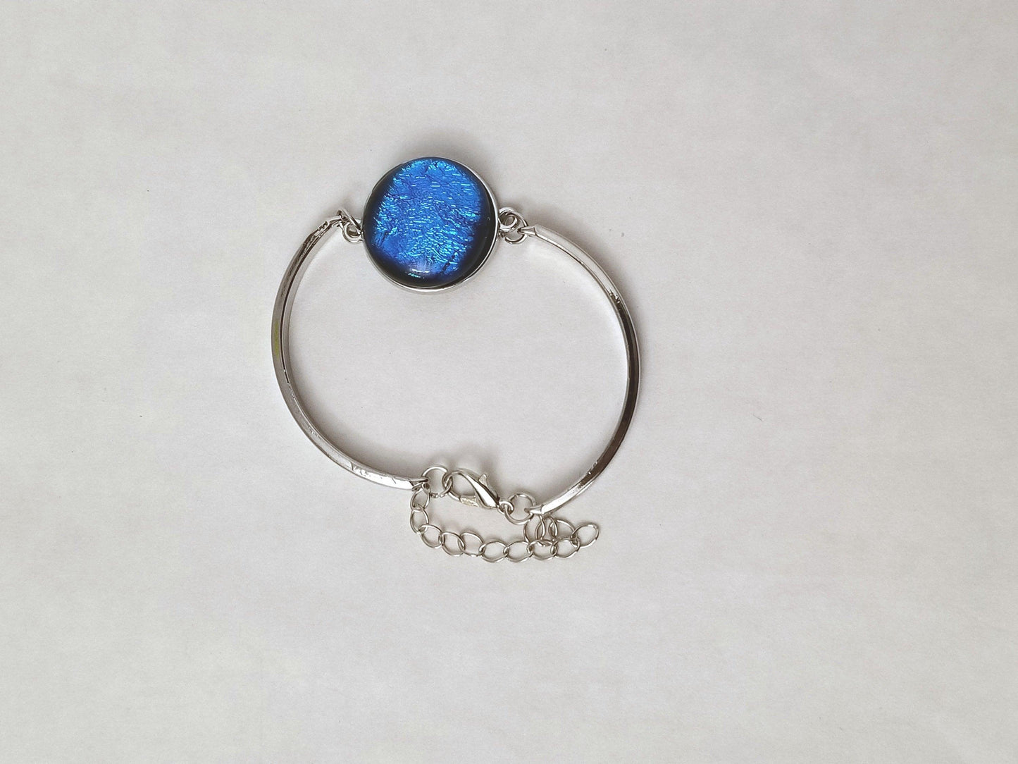 Delicate Adjustable Bracelet,  silver tone with medium Blue Dichroic fused glass cabochon
