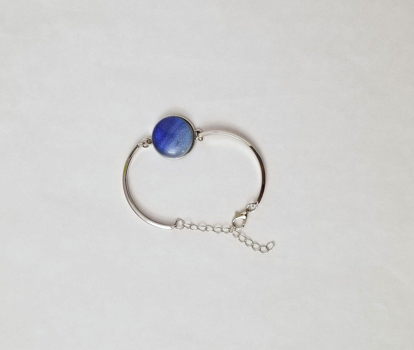Delicate Adjustable Bracelet,  silver tone with Variated Blue Dichroic fused glass cabochon