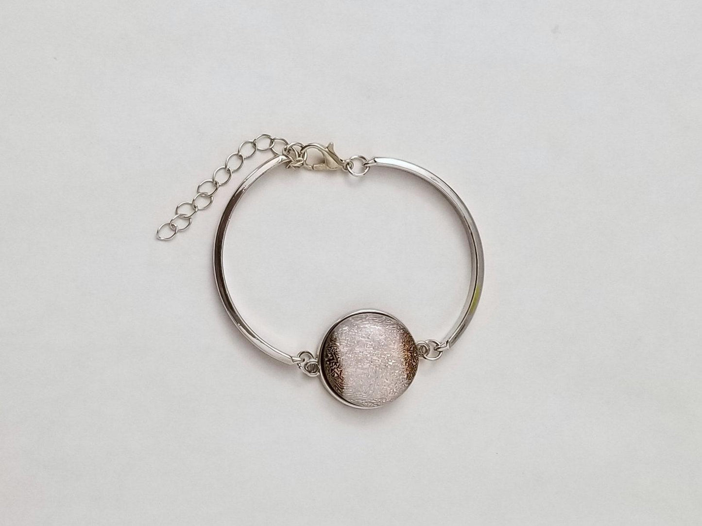Delicate Adjustable Bracelet, silver tone with Orange and White  Dichroic fused glass cabochon