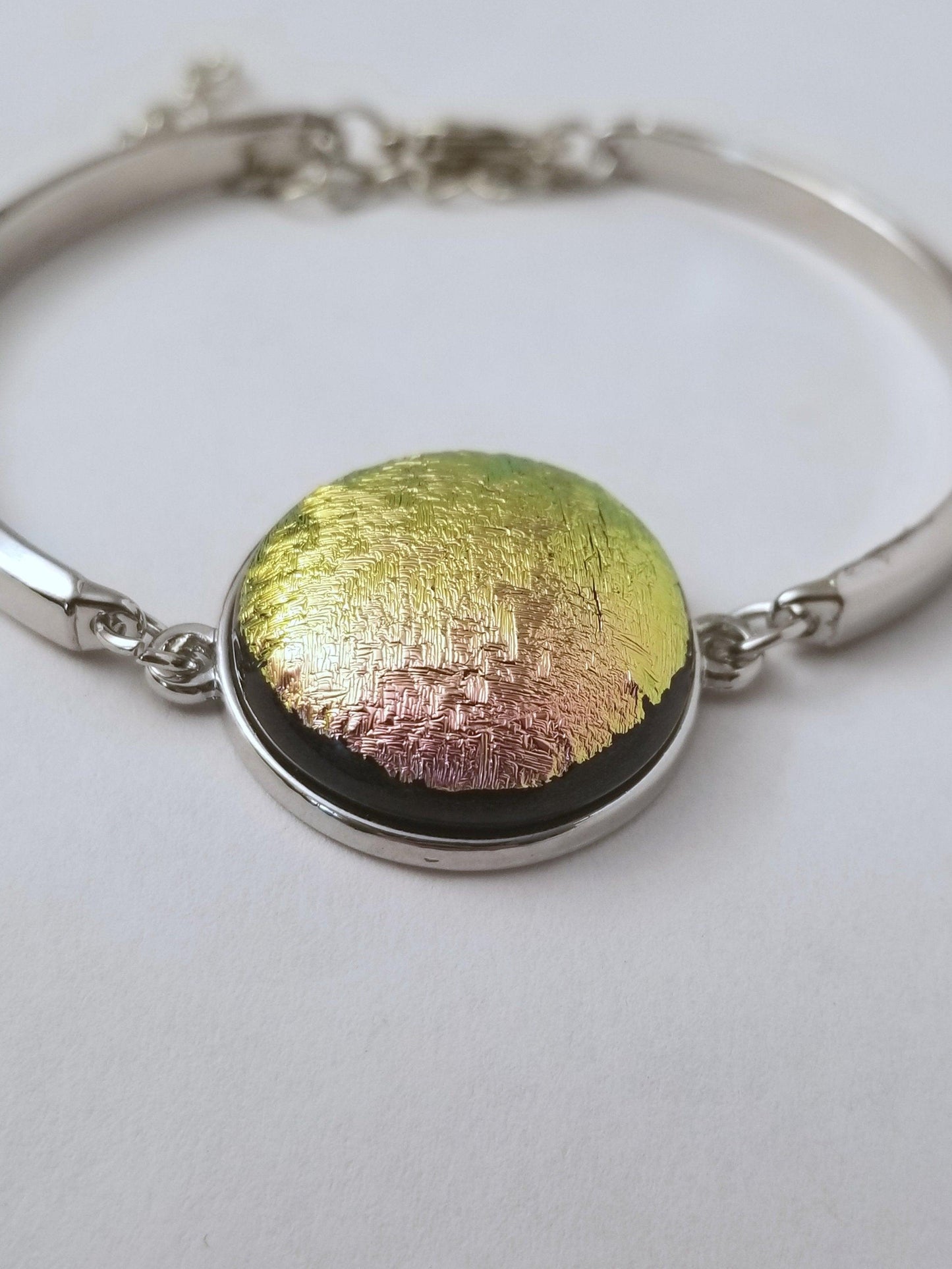 Delicate Adjustable Bracelet, silver tone with Pink Green color shift  Dichroic fused glass cabochon