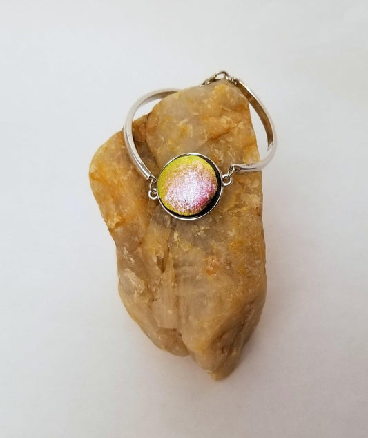 Delicate Adjustable Bracelet, silver tone with Pink Green color shift  Dichroic fused glass cabochon