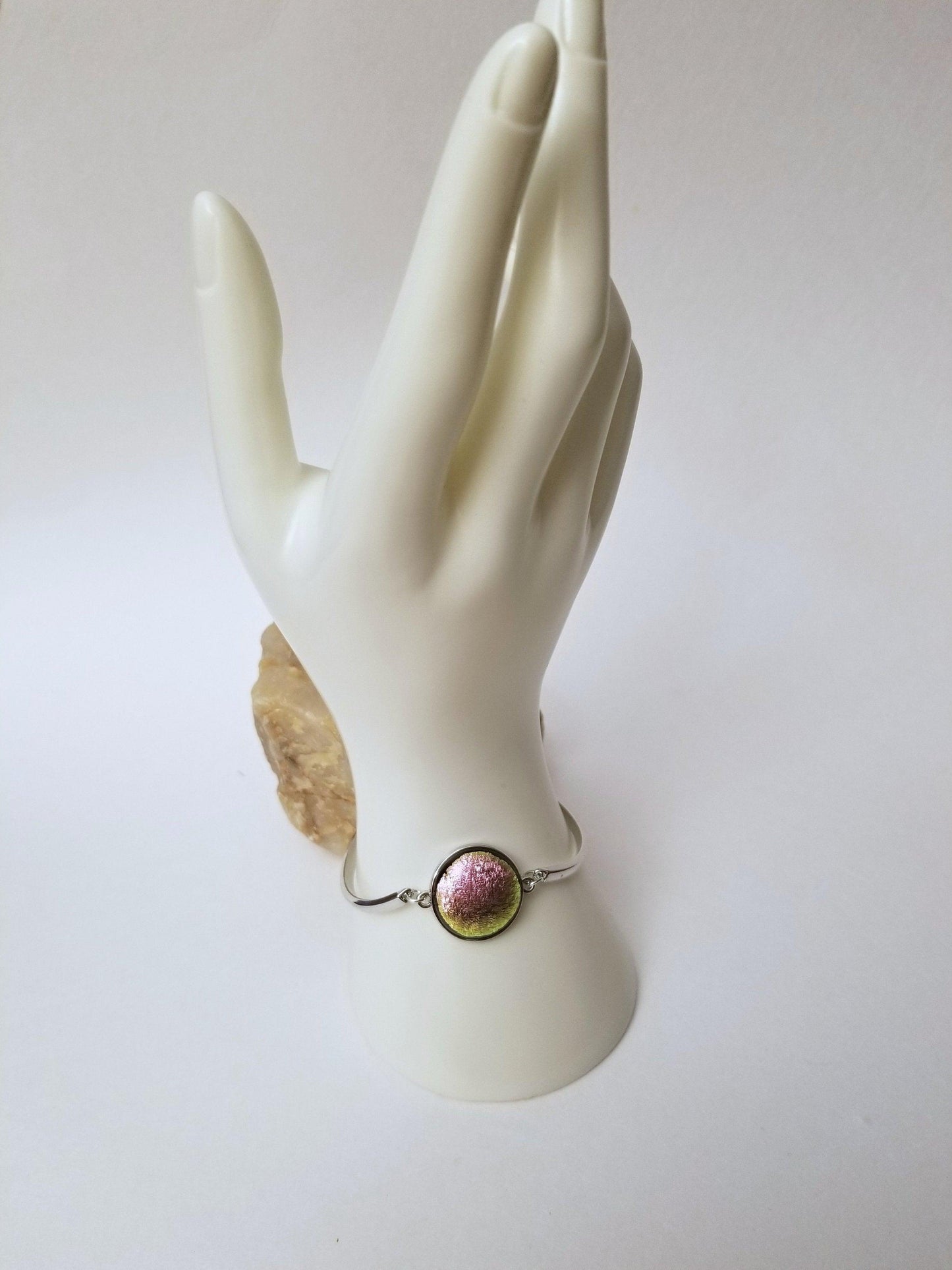 Delicate Adjustable Bracelet, silver tone with Pink Green color shift  Dichroic fused glass cabochon