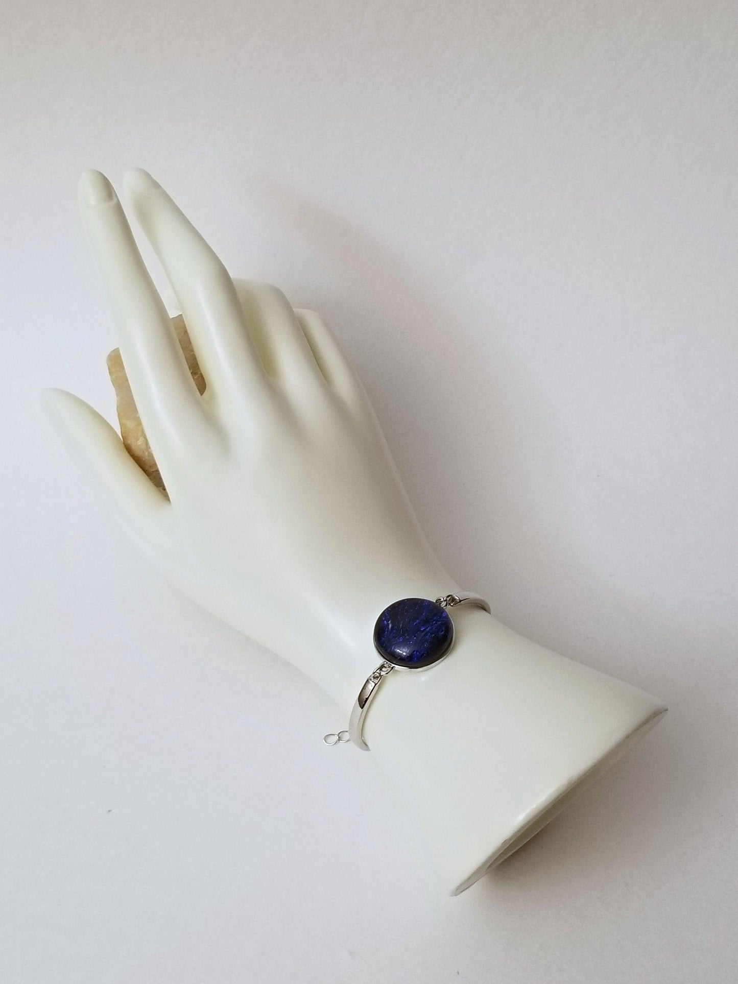 Delicate Adjustable Bracelet,  silver tone with Dichroic  Blue  wave  fused glass cabochon